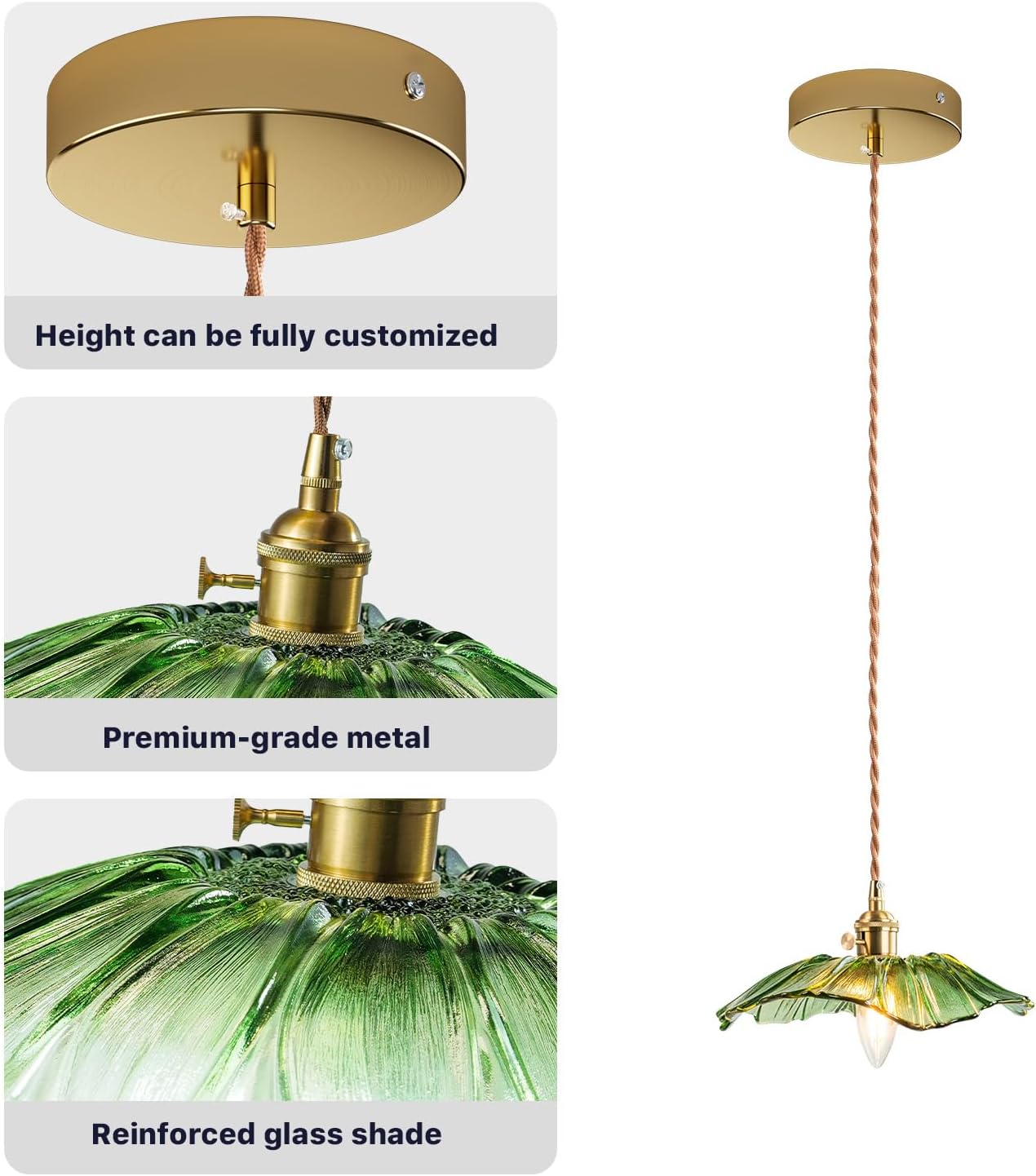 Kulukulu Retro Style Pendant Light, Mid Century Smoked Glass Ceiling Hanging Lamp, Vintage Hand Blown Fixture for Bedroom Dining Room, Kitchen Island - Flower, Green, Large, 2 Pack