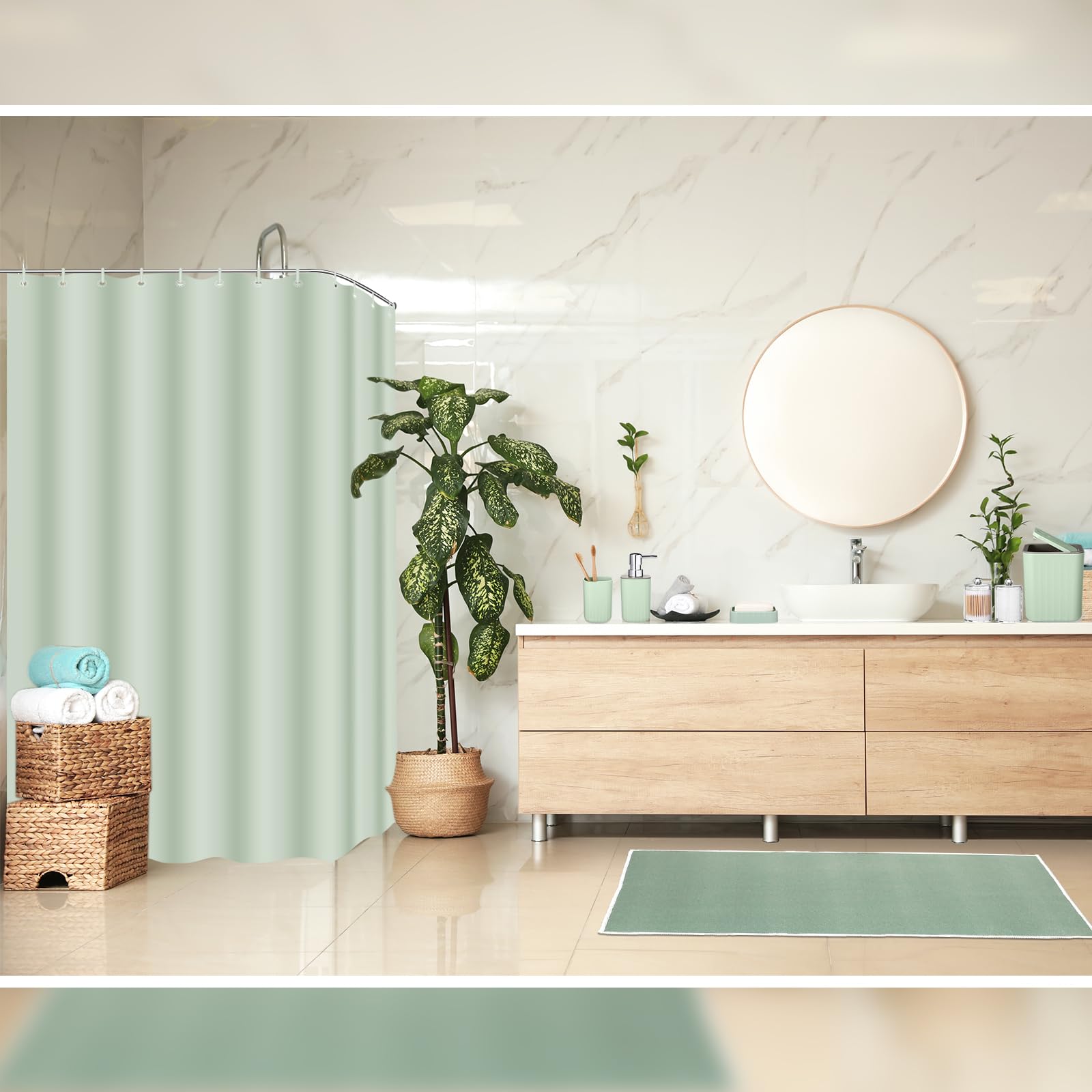 Hosuly 9 Pcs Bathroom Accessory Set Shower Curtain and 12 Hooks Table Trash Can Soap Dispenser Soap Dish Non Slip Bathroom Rugs Cup and Cotton Swab Holder Complete for Bathroom Decor (Sage Green)