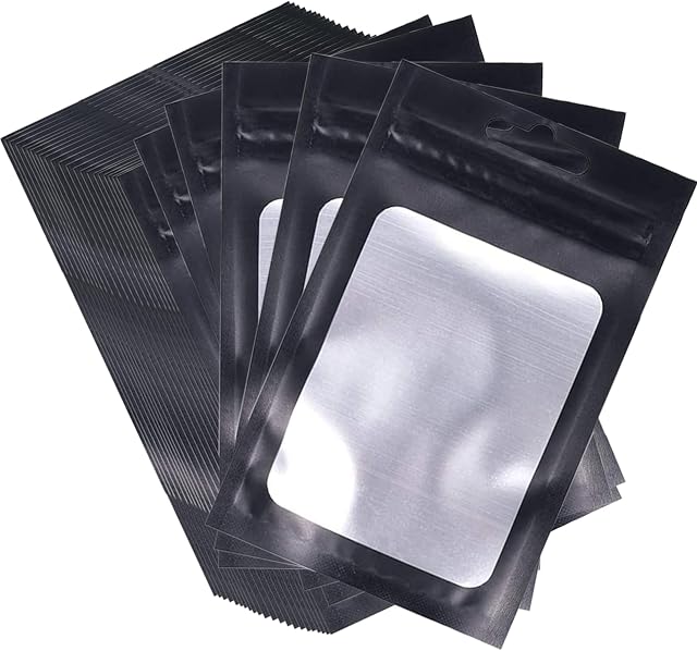 150 Pcs Mylar Bags Black Foil Ziplock Bags Resealable Smell Proof Baggies with Front Clear Window, Food Storage Pouches, Sample Bags, Party Gift Packaging Bags (3 x 4.7 Inch)