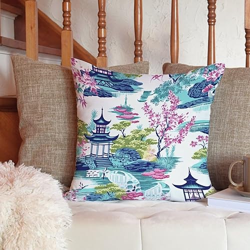 Miniatura 6 de ArogGeld Funda de cojín decorativa con diseño de pagoda azul y rosa coral para sofá, diseño de pagoda asiática, verde azulado y turquesa, estilo