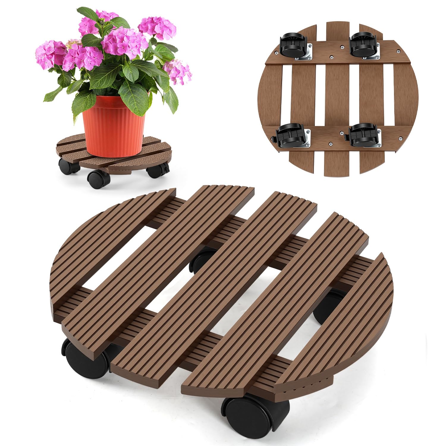 Ikodm 1X WPC Pflanzenroller Rund Ø 30 x 7,5 cm｜Blumenroller mit Rollen, Rolluntersetzer Tragkraft 80 kg｜Kübelroller für den Innen- und Außenbereich｜Rollbrett für Pflanzen, Blumentopf (Braun)