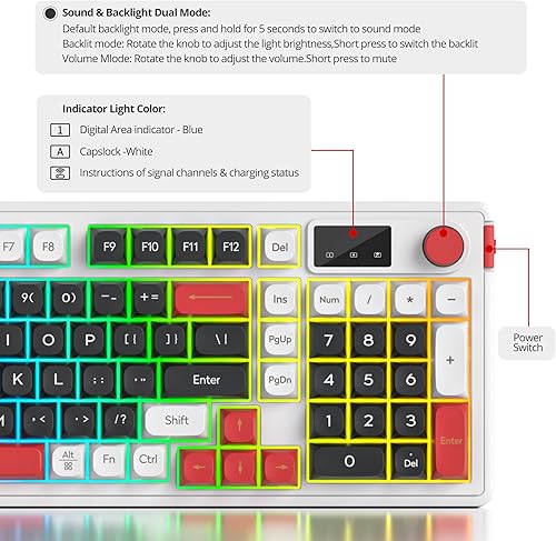 Miniatura 6 de Teclado 96% inalámbrico con teclado numérico y perilla, 3 modos con cableBluetooth 5.02.4G, 98 teclas, tapas de bola ABS, RGB silencioso, membrana