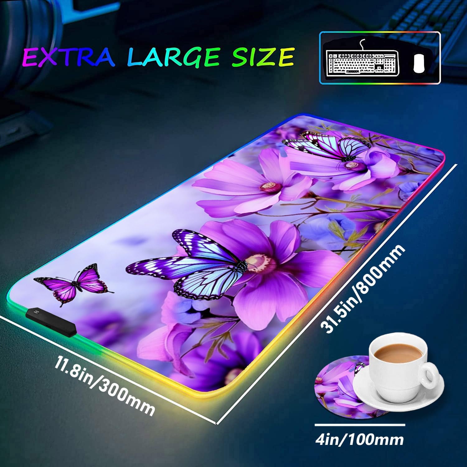 RGB Gaming Mouse Pad and Coffee Coaster, XXL Large Glowing LED Mousepad, Anti-Slip Rubber Base, Computer Keyboard Desk Mouse Mat 31.5 X 11.8 Inch - Purple Flowers and Butterfly