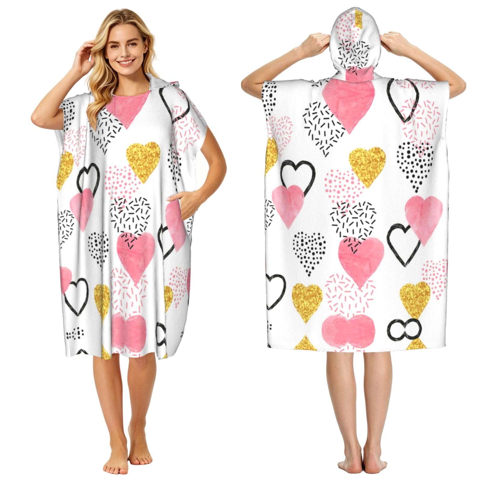 Peignoir à capuche imprimé cœur doré rose en tissu éponge