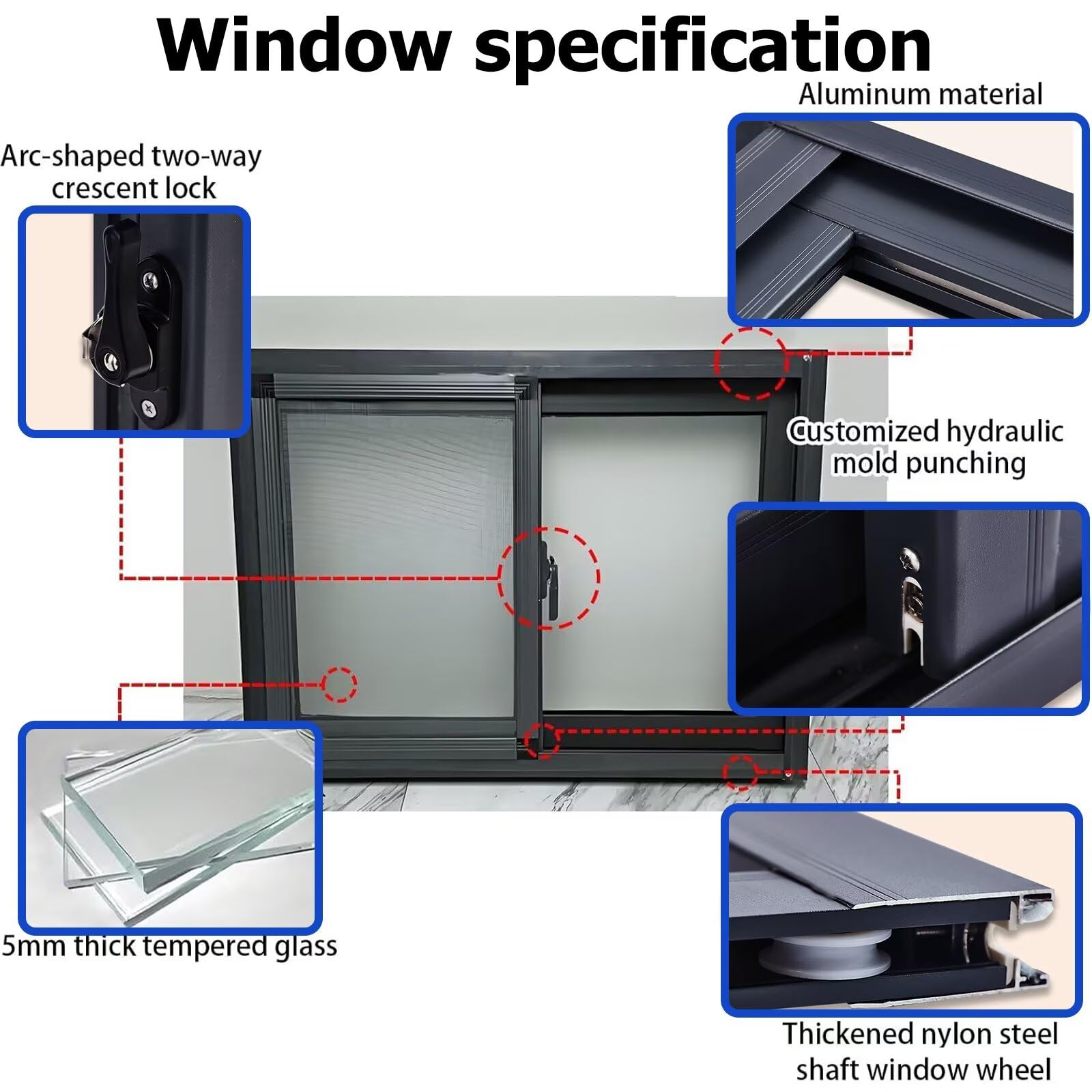 Repuesto de ventana de vidrio templado de aluminio gris oscuro de 43 x 39 pulgadas para el hogar, sótano, ducha, casa de mascotas, escaleras, elegante, eficiente energéticamente y fácil de instalar