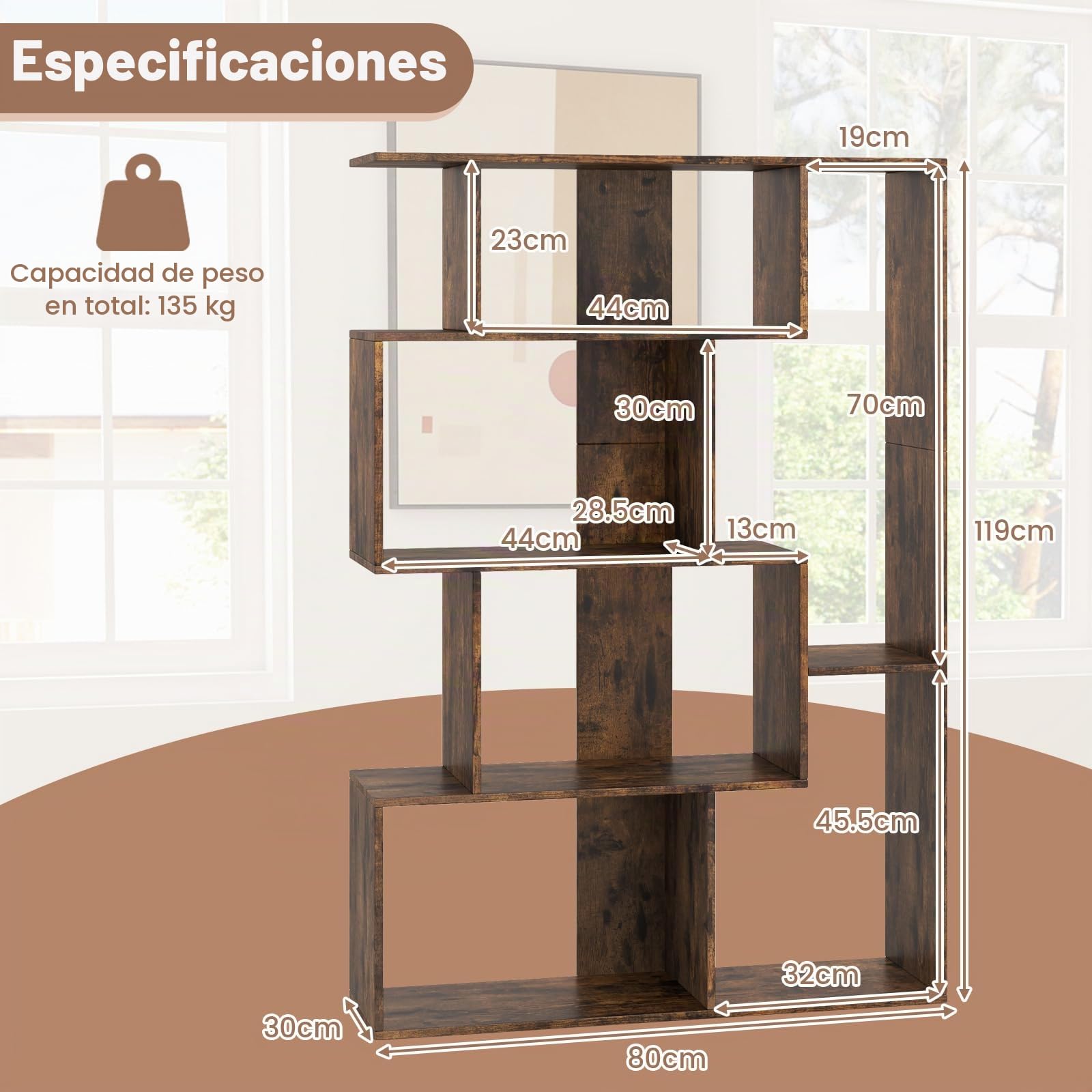 HOMASIS Librería con Separador de Espacios en S, Estantería de 6 Cubos, Librería Moderna de Almacenamiento para Sala de Estar, Estudio (Marrón)