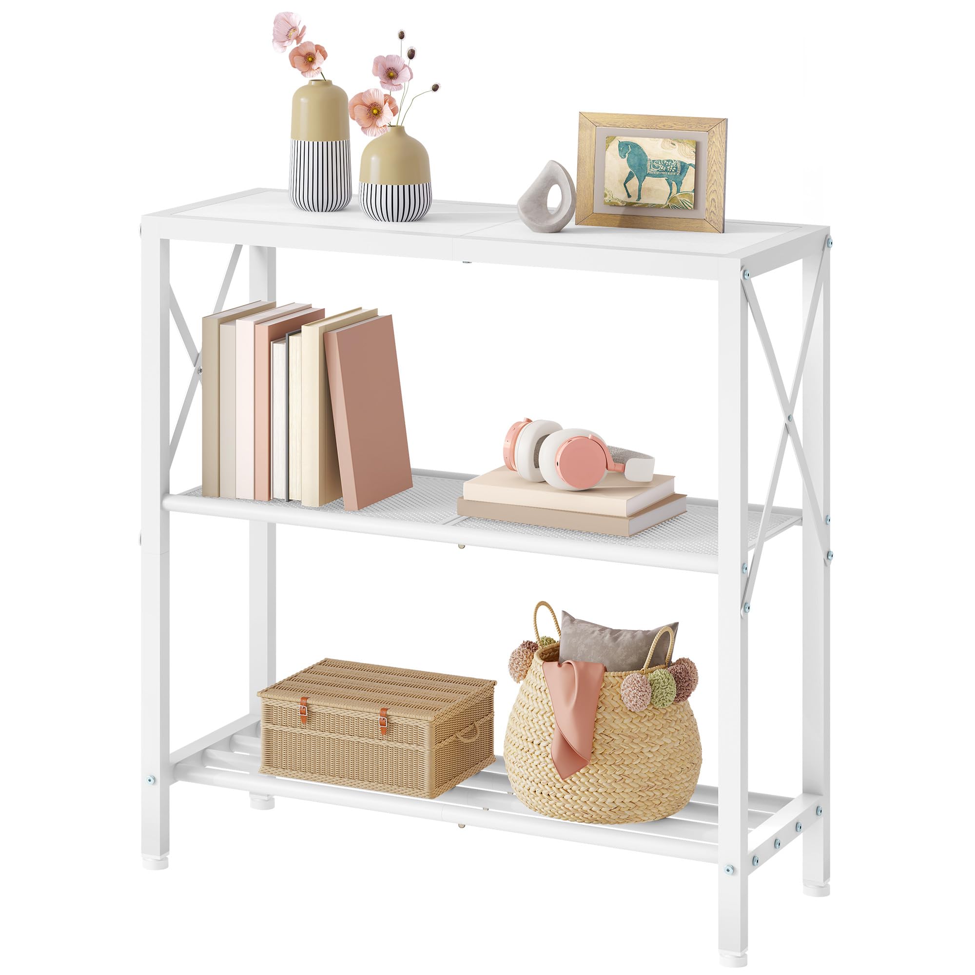 Hoctieon Industrial Console Table, 3 Tier Entryway Table, Metal Frame, Sofa Table with Shelf, Hallway Table, Entrance Table for Entryway, Living Room, Foyer, Hallway, White