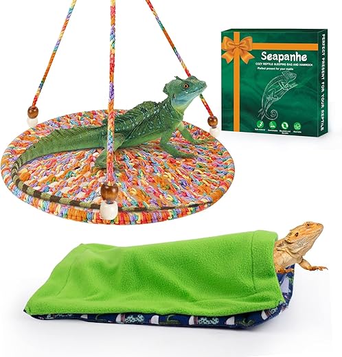 Bearded Dragon Bed with Pillow and Blanket, Reptile Accessories, Small Pet Animal Hide Habitat Shelter, Solf Fabric Warm Sleeping Bag...