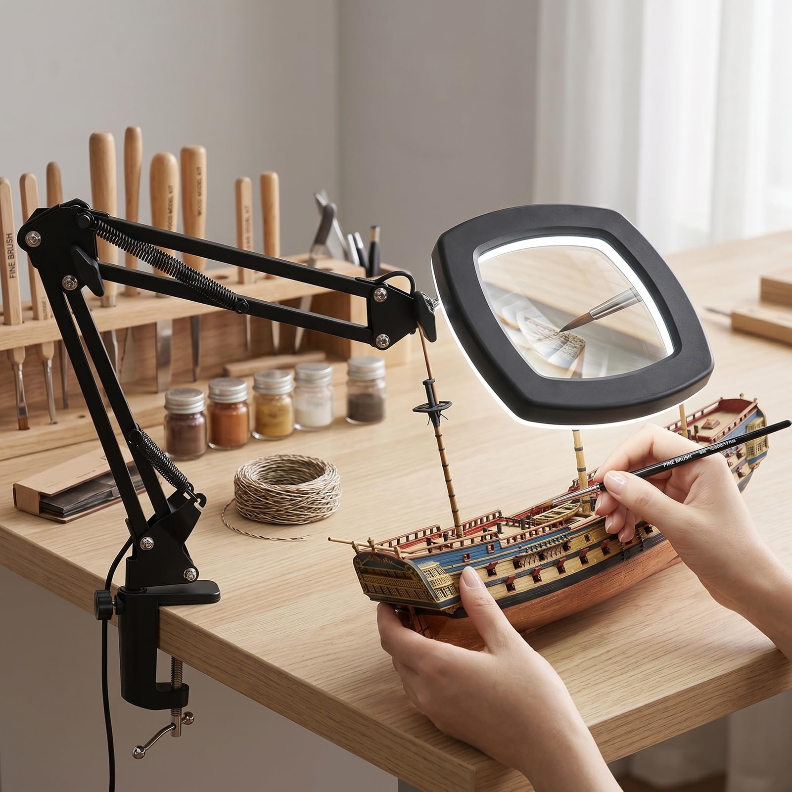 Bewinner Lupa 15X con Luz, 5 Temperaturas de Color, Brazo Giratorio de 360°, Lupa LED, Lámpara de Aumento de Brillo Ajustable Alimentada por USB para Lectura, Manualidades, Pasatiempos, Reparación,
