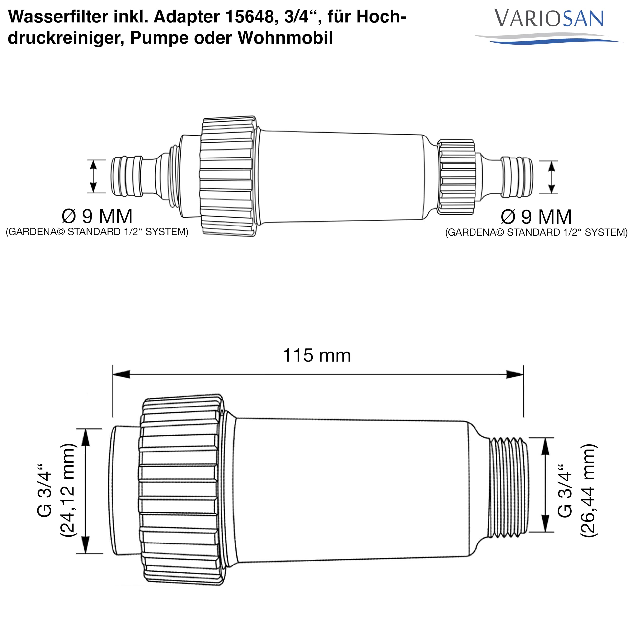 VARIOSAN Filtro de agua con adaptador 15648 de 3/4 pulgadas para hidrolimpiadora, bomba o caravana, compatible con Kärcher 4.730-059.0