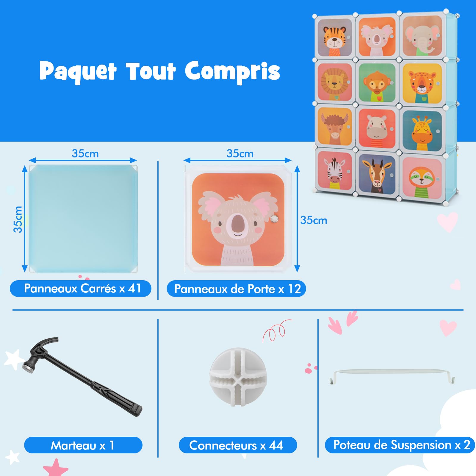 COSTWAY Meuble Rangement Enfant 12 Cubes avec Motif d'animaux, Armoire Modulable avec Portes & Poteau de Suspension, Charge 10kg pour Vêtements Chaussures Jouets, 109 x 35 x 145 cm
