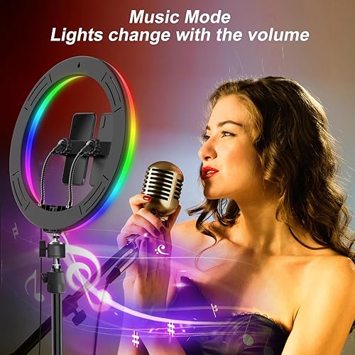 Miniatura 2 de Anillo de luz RGB de 12.3 pulgadas con trípode y soportes para teléfono, anillo de luz LED para selfie con soporte para tablet iPad, luces
