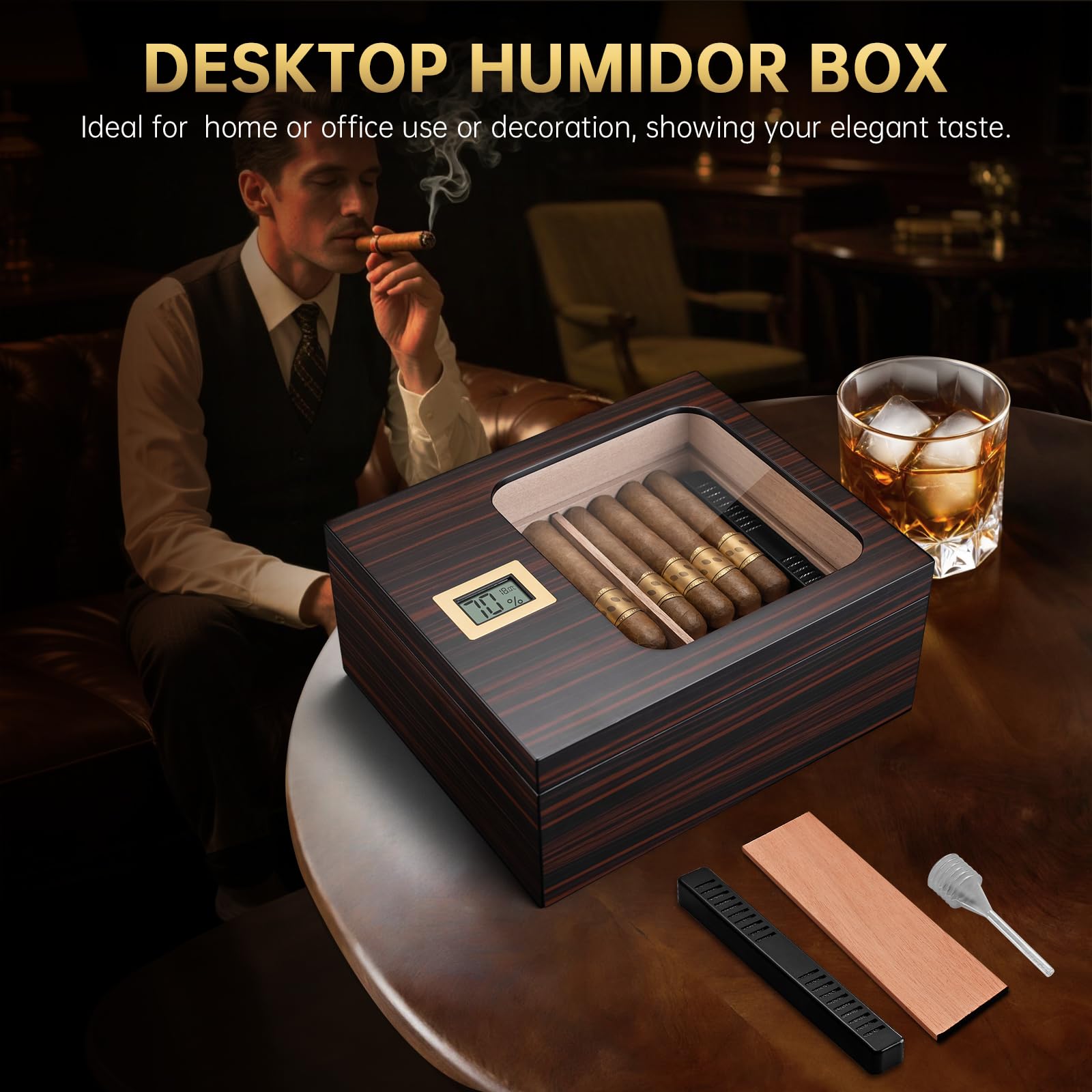 Zigarren Humidor aus Zedernholz, Zigarrenbox mit Hygrometer und Luftbefeuchter, Doppelraum Zigarrenkiste mit Regal für 45-55 Zigarren, Männer Geschenk Zigarren Zubehör (Dunkelbraun)
