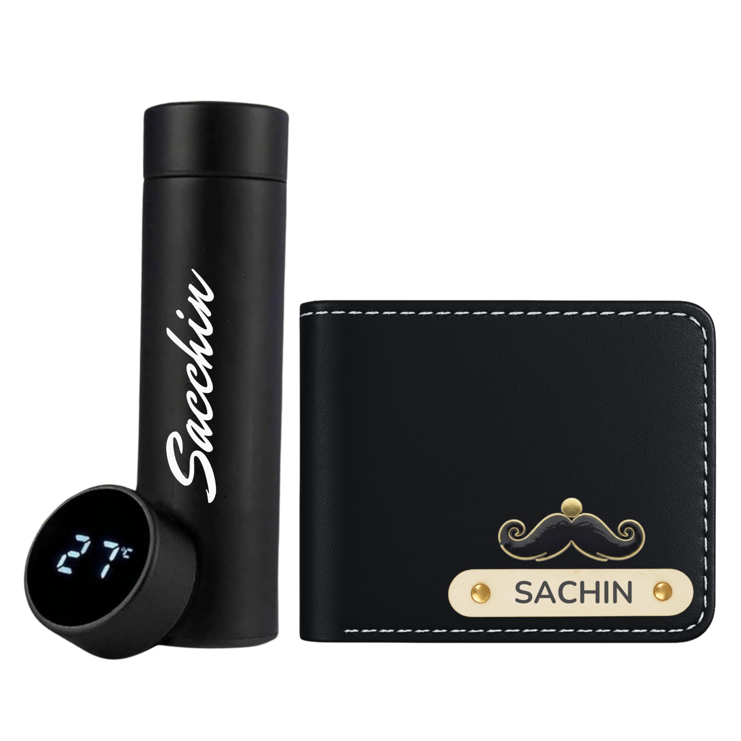 gift for special Genuine Leather customised Wallet for Men - Customized Wallets for Men - Birthday Gift - Purse for Men - Customized Wallet and Stainless Steel Bottle for Men (Black)-picture-15
