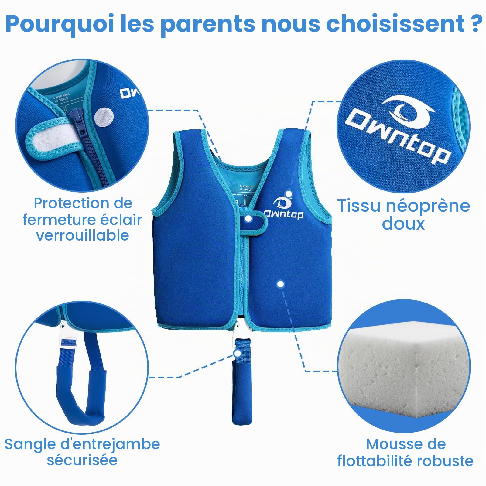 Owntop Gilet de Natation pour Enfants - Gilet de Flottaison avec Bande d'Entrejambe | Aide à la Flottabilité Enfants| Veste de Natation en Néoprène Léger | pour Garçons et Filles de 2 à 8 Ans