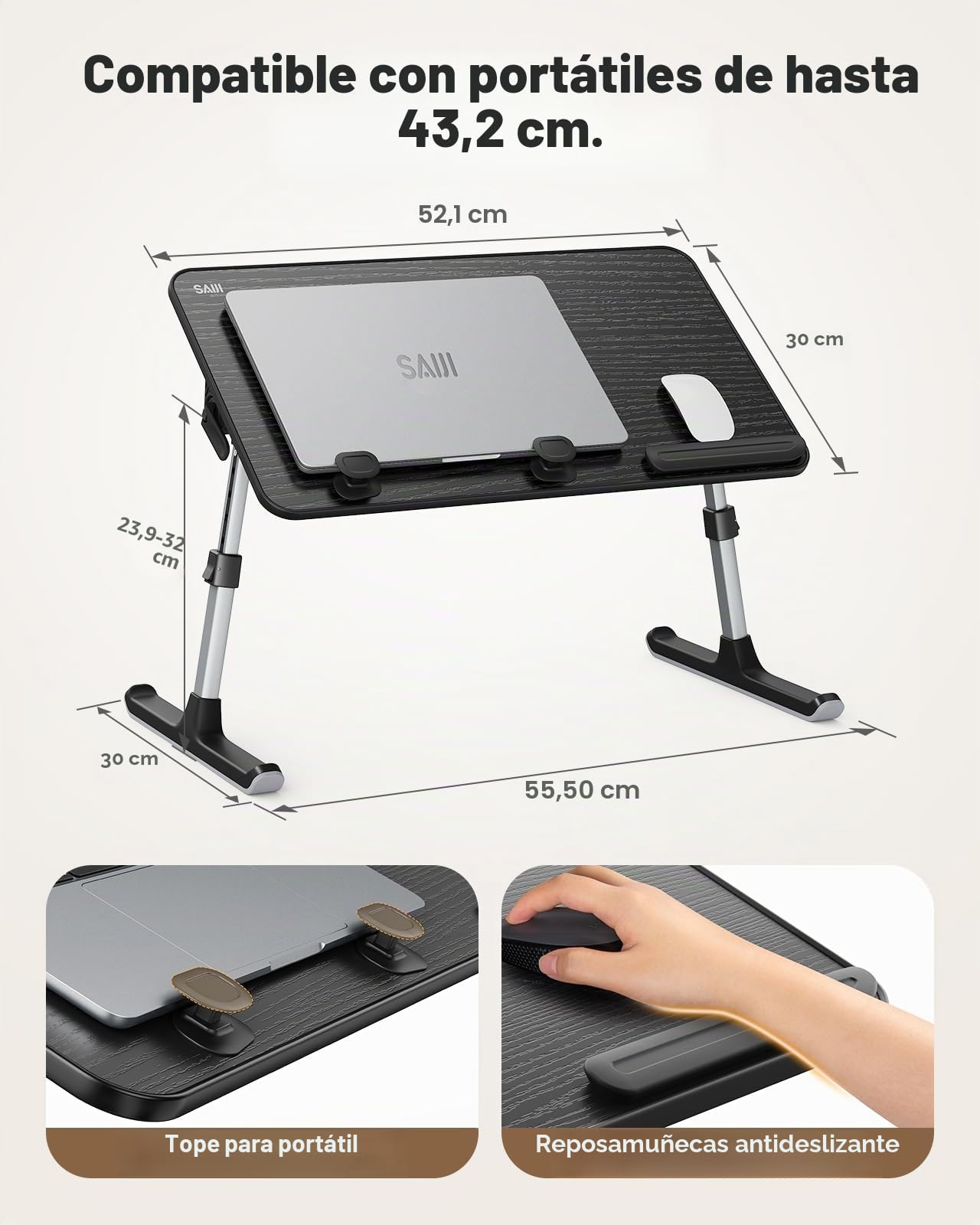 Mesa, SAIJI Mesa Plegable,Altura Ajustable, Soporte para Computadora Portatil en 5 Alturas, para sofá, Suelo, Trabajar, estudiar, Leer, Escribir, caben hasta 17 "portátil (52 * 30cm Negro)