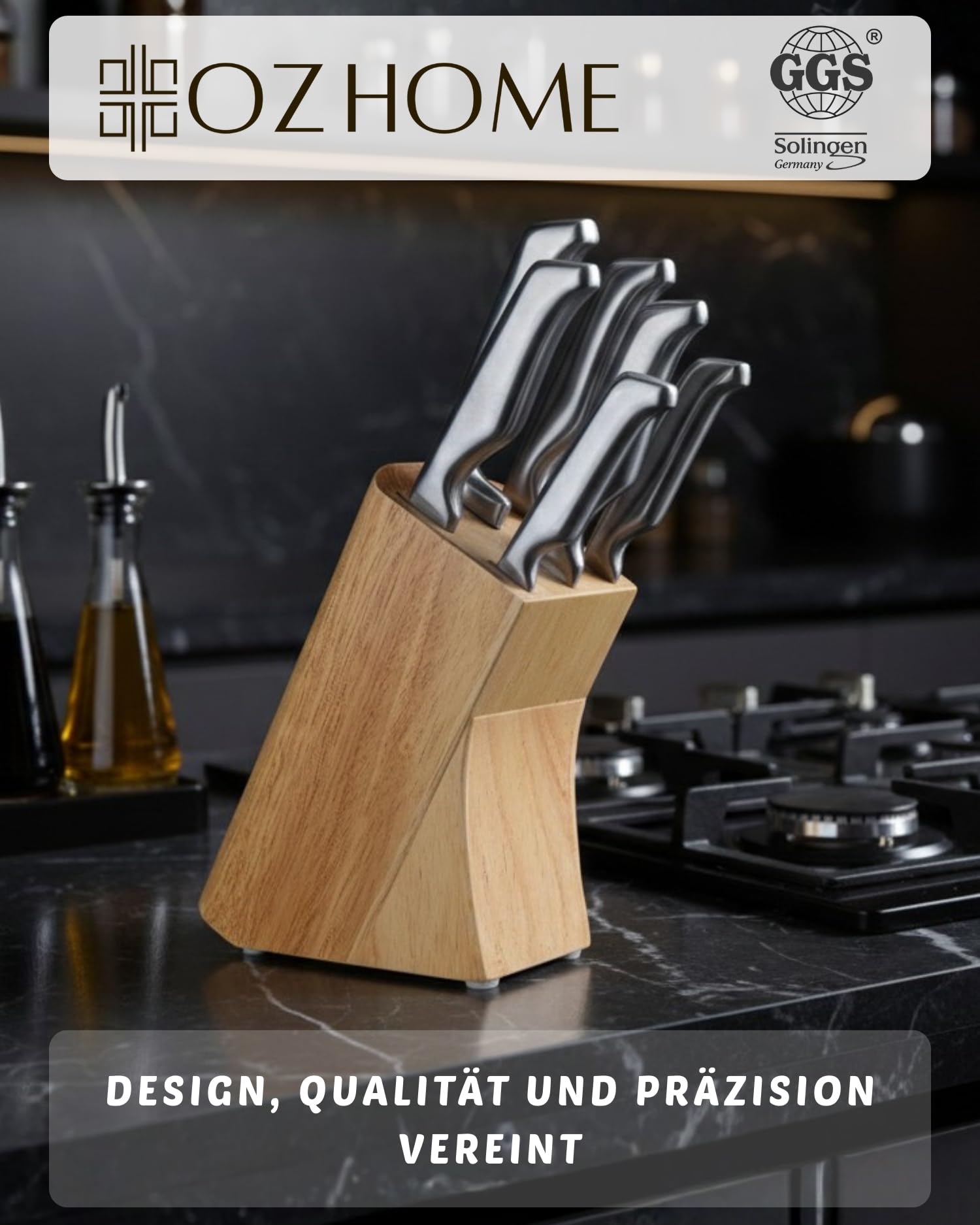 GGS Solingen Küchenmesser Set 7-teilig mit Holz-Messerblock – Edelstahl Messerset, Kochmesser Brotmesser Set, eisgehärtet, handgeschärft, rostfrei, komplettes Messerset, Geschenkset, Made in Germany