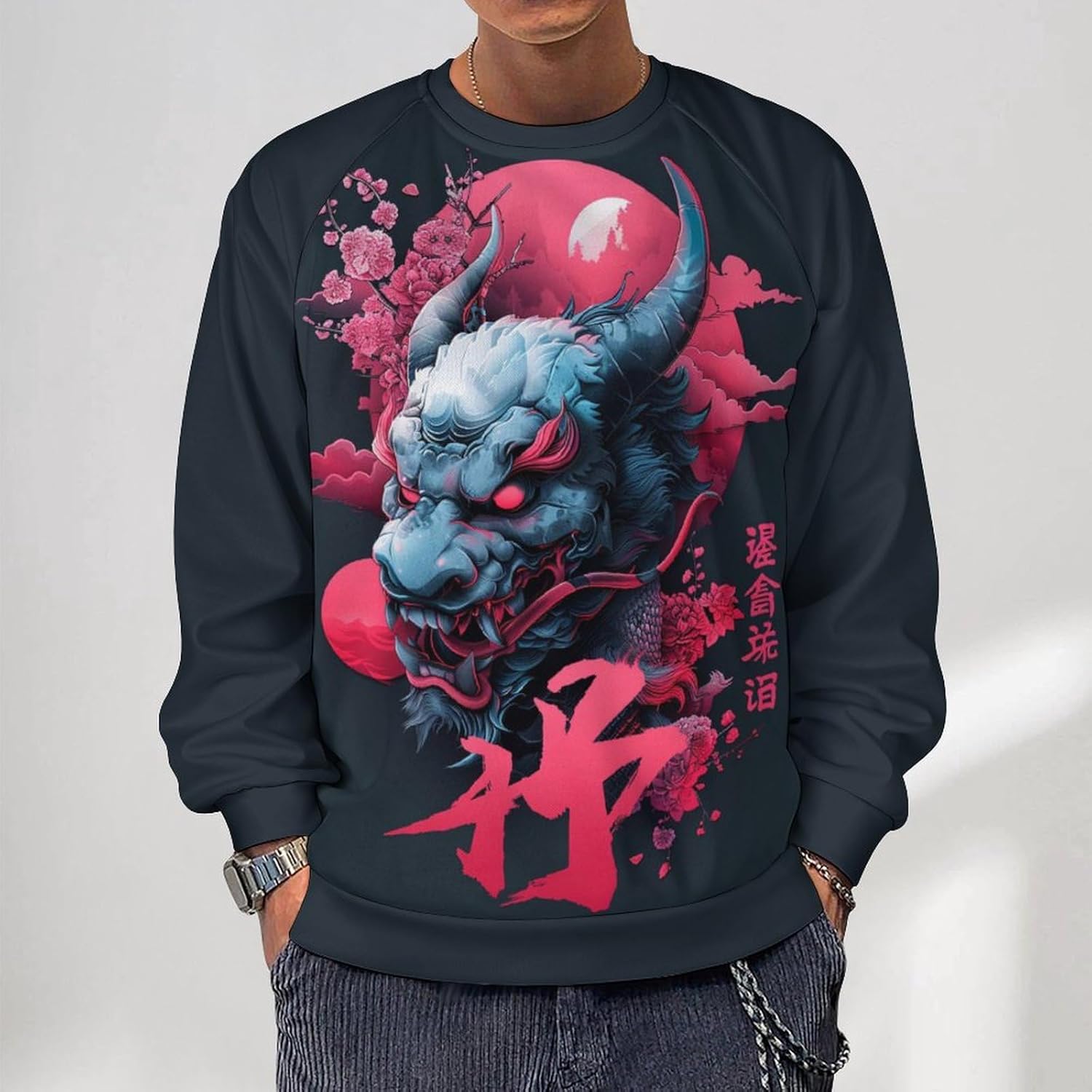 Japanese Art Dragon Print Hoodies for Men Y2K Long Sleeve Novelty Retro Streetwear Cool Workout Sweatshirt - Image 2