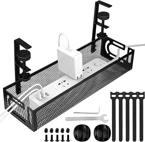 Miniatura 13 de Organizador de cables de 25 pulgadas, organizador de cables debajo del escritorio, sin taladros, organizador de cables de metal con abrazadera