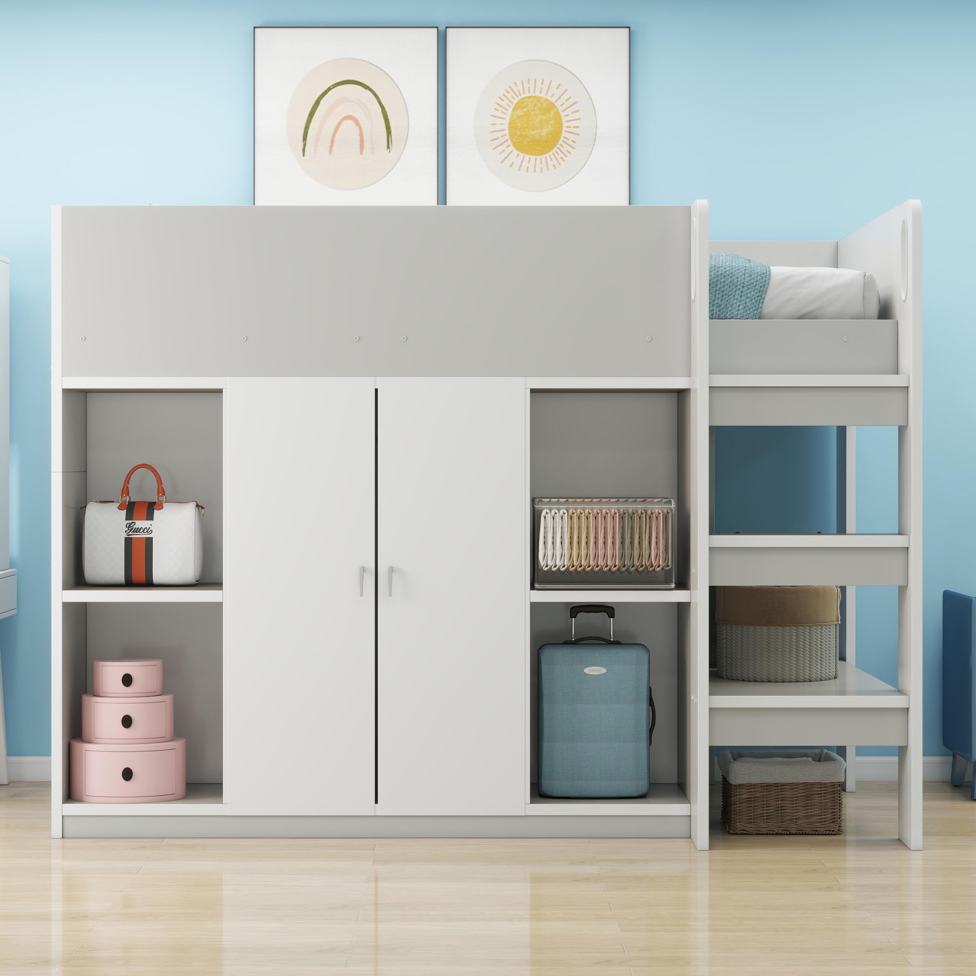 Azkoeesy Letto a Soppalco Singolo con Armadio, 90x200 cm, Spazio di Archiviazione, Scale, Ringhiera e Doghe, per Adolescenti e Adulti, in Truciolame, Grigio