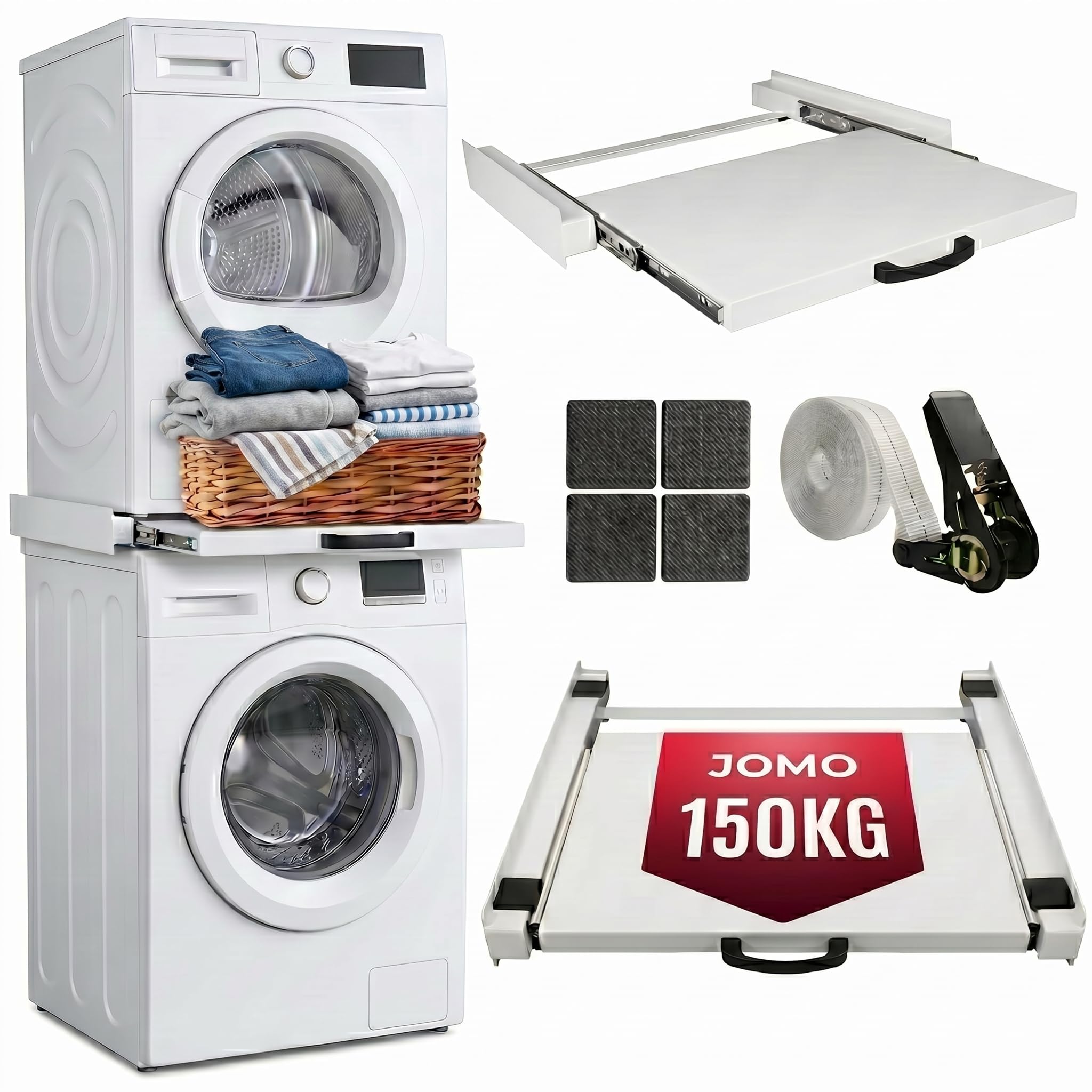 Valo Metall Zwischenbaurahmen für Waschmaschine und Trockner, Weiß, 60 x 54 cm, Universal Stapelkit mit ausziehbarer Ablage, Tragkraft 100 kg, Stapelbausatz mit Spannband für Waschküche