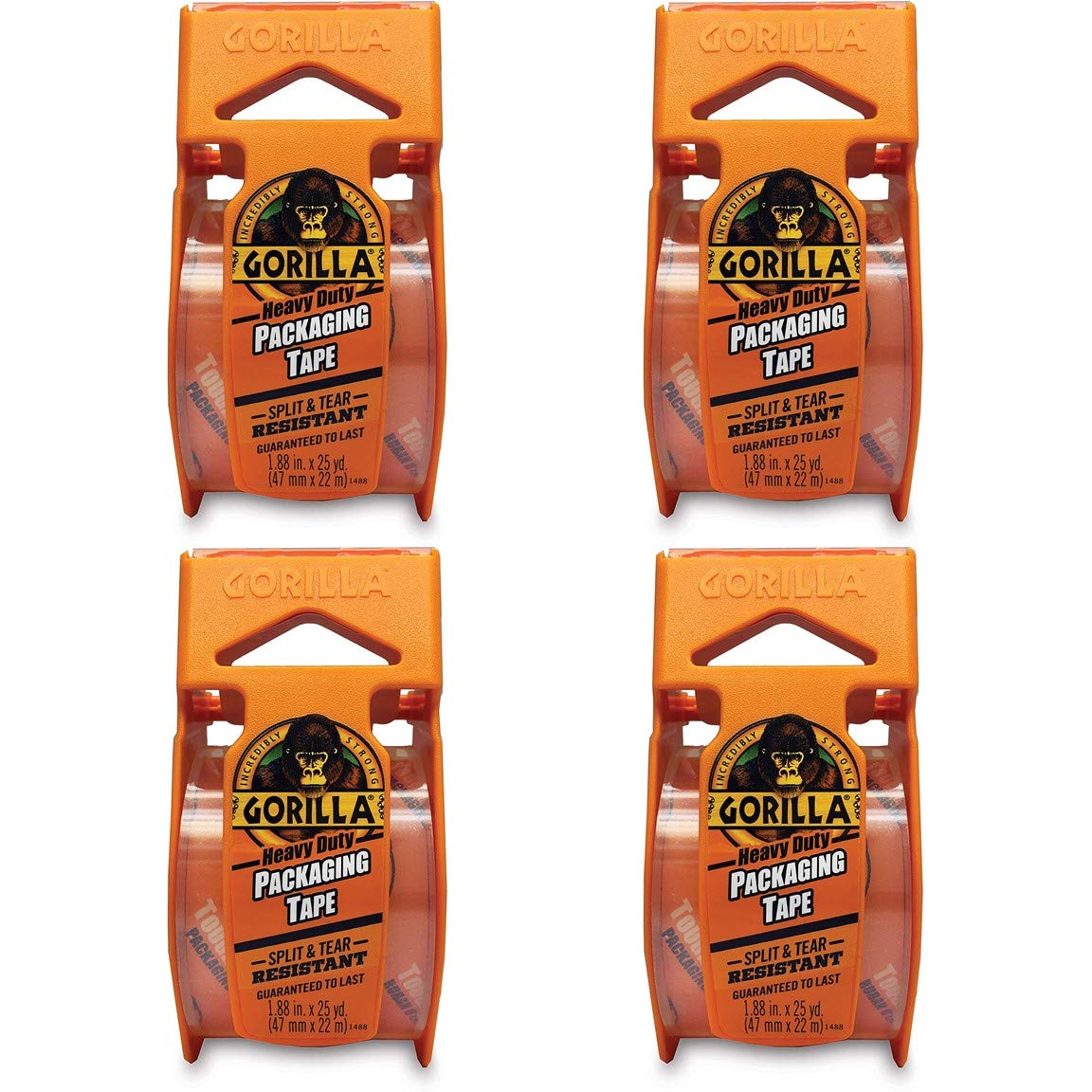 Gorilla Heavy Duty Packing Tape with Dispenser for Moving, Shipping and Storage, 1.88" x 25 yd, Clear, (Pack of 4)