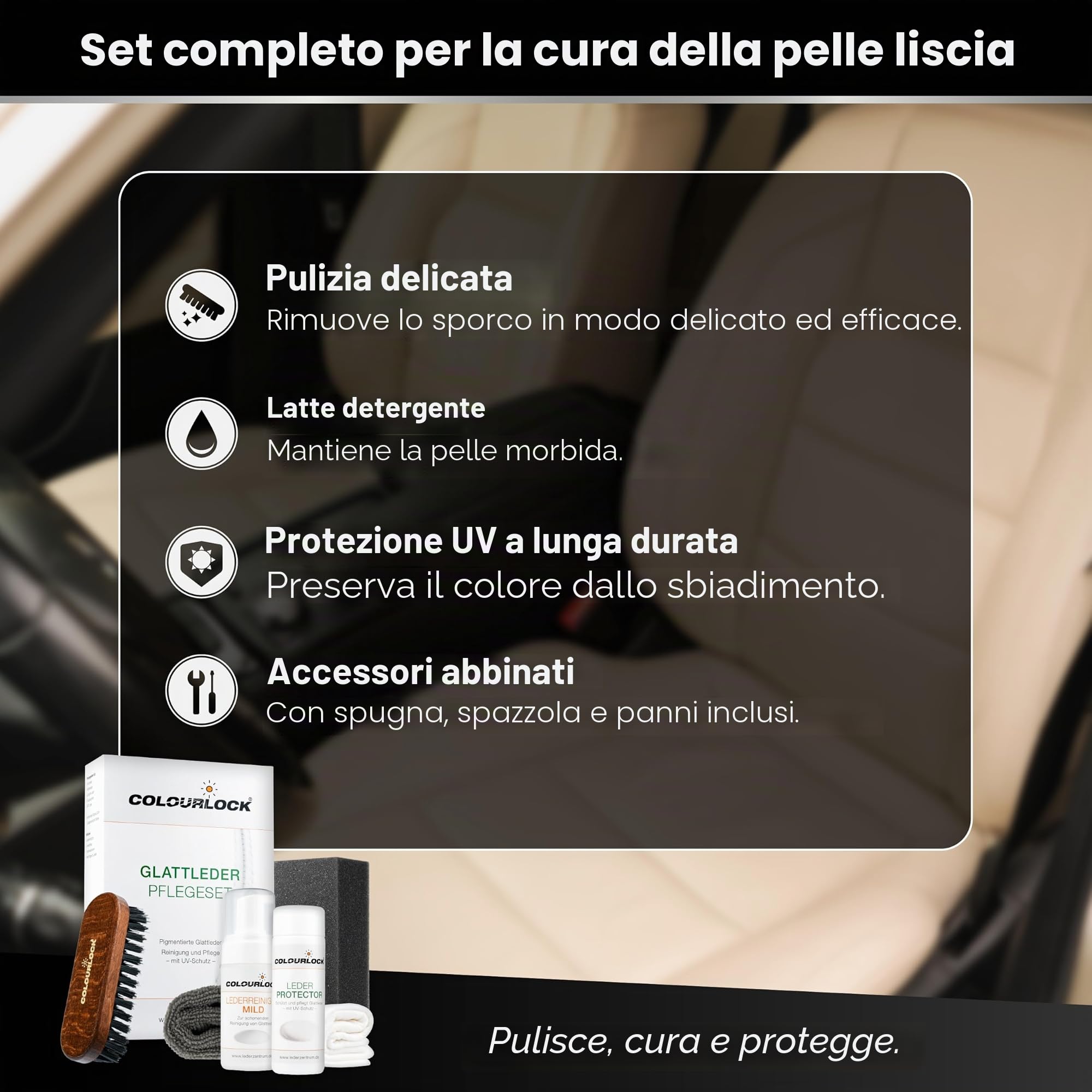 COLOURLOCK Set per la cura della pelle liscia | Set per la cura della pelle adatto per divano auto UVM. | Detergente delicato + protezione pelle + spazzola per la pulizia + spugna per la pulizia +
