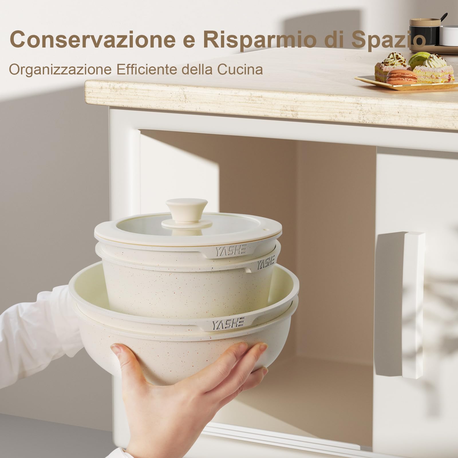 YASHE Set da 13 pentole e padelle antiaderenti, set di pentole a induzione, set di pentole da cucina con manico staccabile, lavabile in lavastoviglie e forno, bianco crema