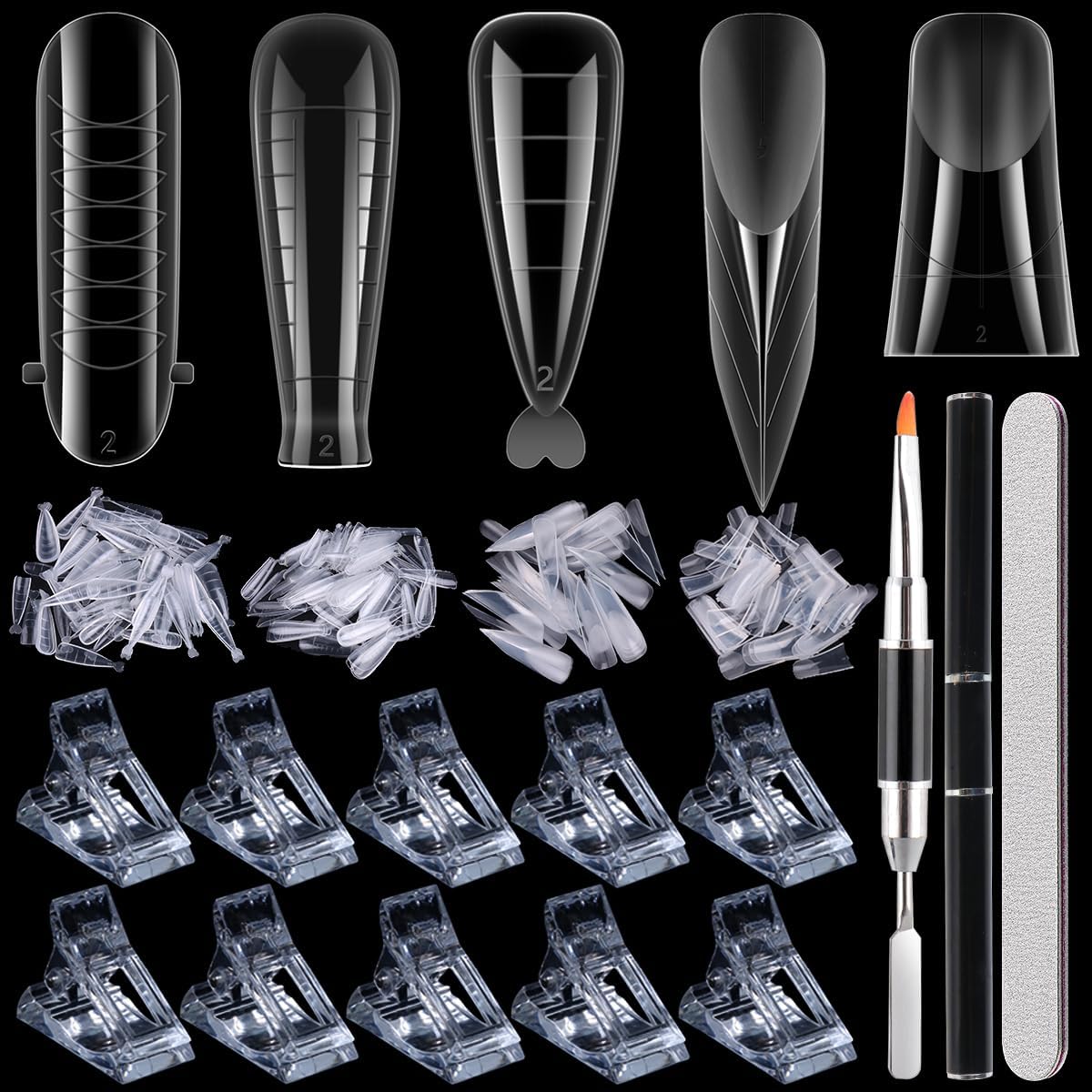 Dual Forms for Polygel, 348PCS Nail Molds for Builder Gel, 12 Sizes Stiletto Ballerina Coffin Dual Forms Poly Gel Tips, Extension Form with 10PCS Nail Clips Extension Tools Kit