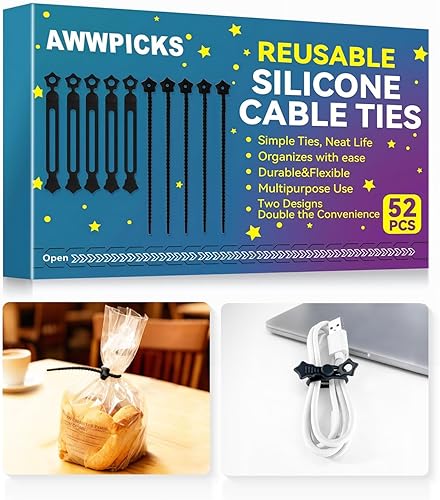 Miniatura 11 de Paquete de 52 bridas de silicona para cables, correas organizadoras de cables reutilizables con 2 métodos de unión, gestión de cables duraderos y