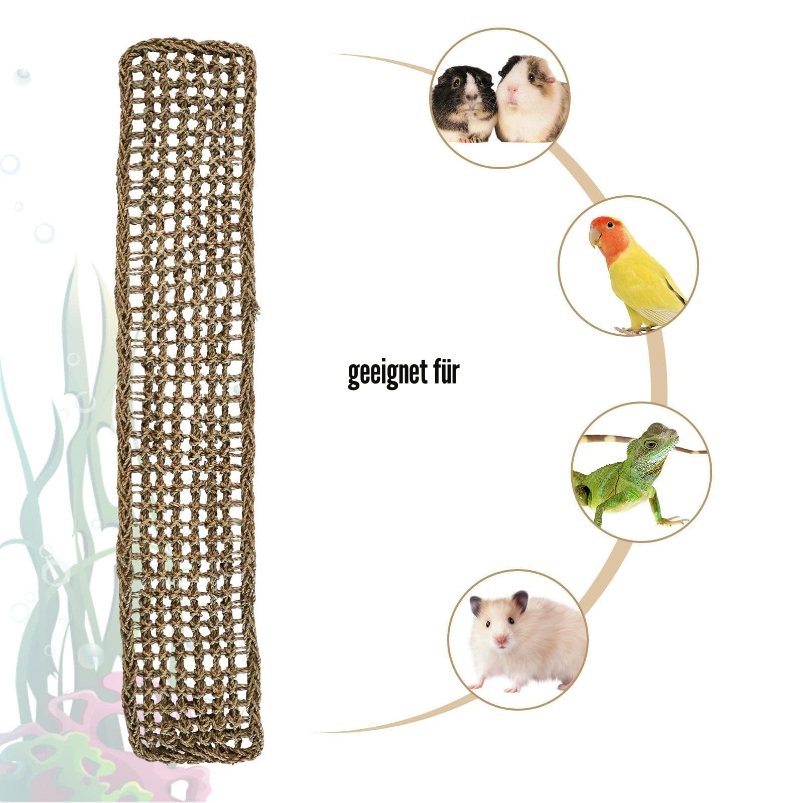 100 x 18 cm Vogel-Seegrasmatte, Natürliches Seegras-Gewebenetz, Vogel-Hängematte mit Haken, Vogelkäfigzubehör, Kletterseil-Leiter-Kauspielzeug für Nymphensittich, Hamster, Meerschweinchen, Ratten