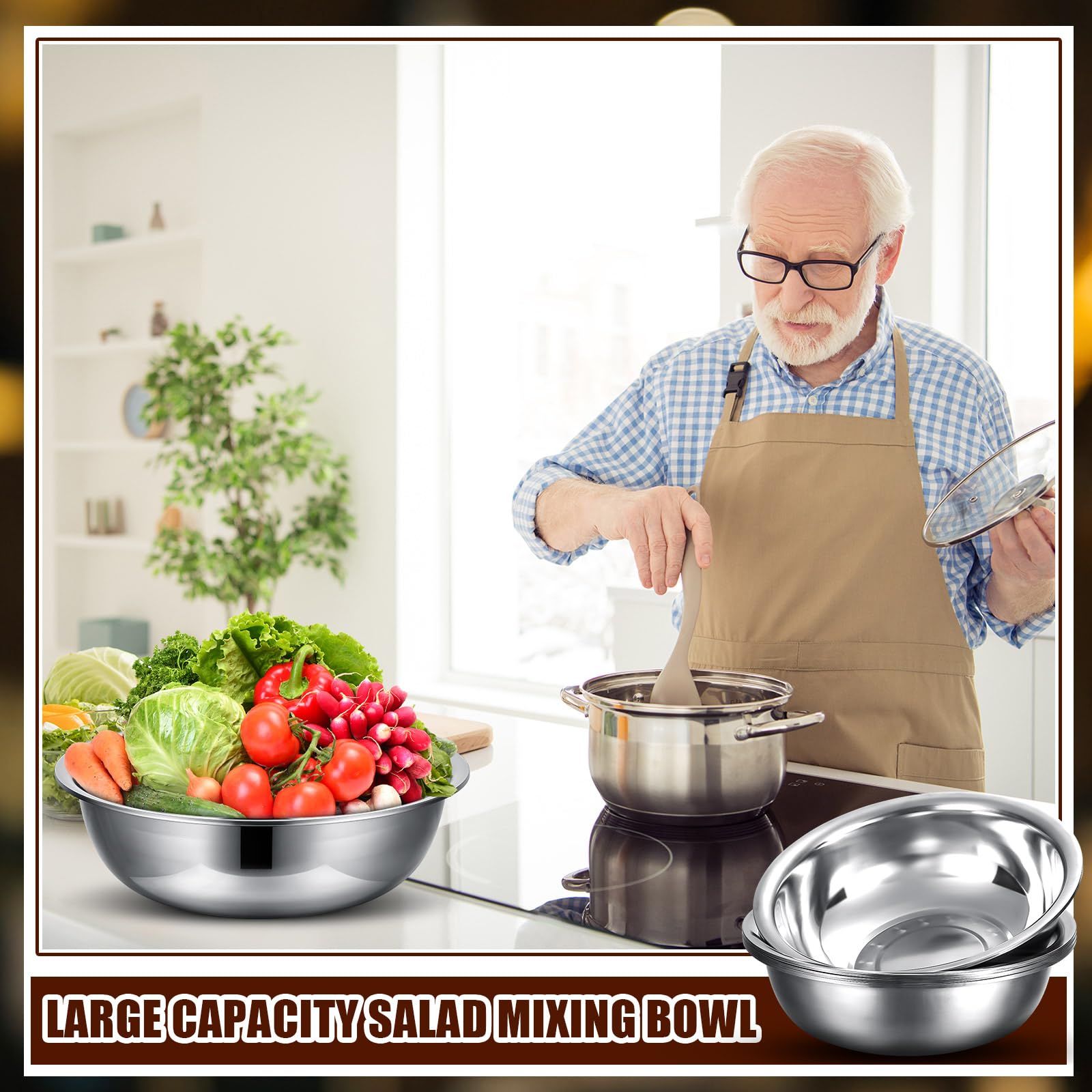 Nuogo 8 cuencos de acero inoxidable de 13 cuartos de galón, cuencos de metal para mezclar, cuenco grande para ensalada, lavabo con borde más profundo, apto para lavavajillas, cuencos de cocina con