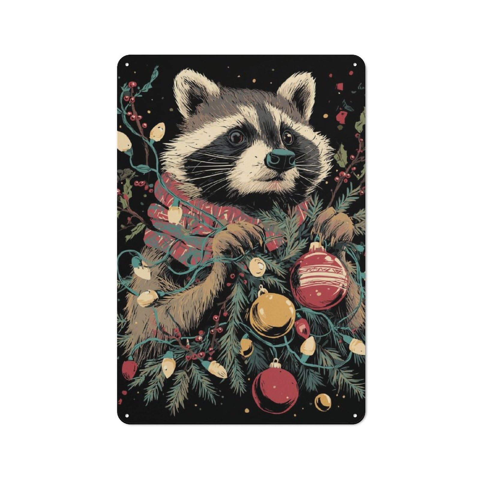 Junmoney Raccoon's Christmas Glow Retro Metal Sign With Design 30X20cm, Weathered Look Shed Wall Plaque For Garage, Workshop, Shed Or Utility Room