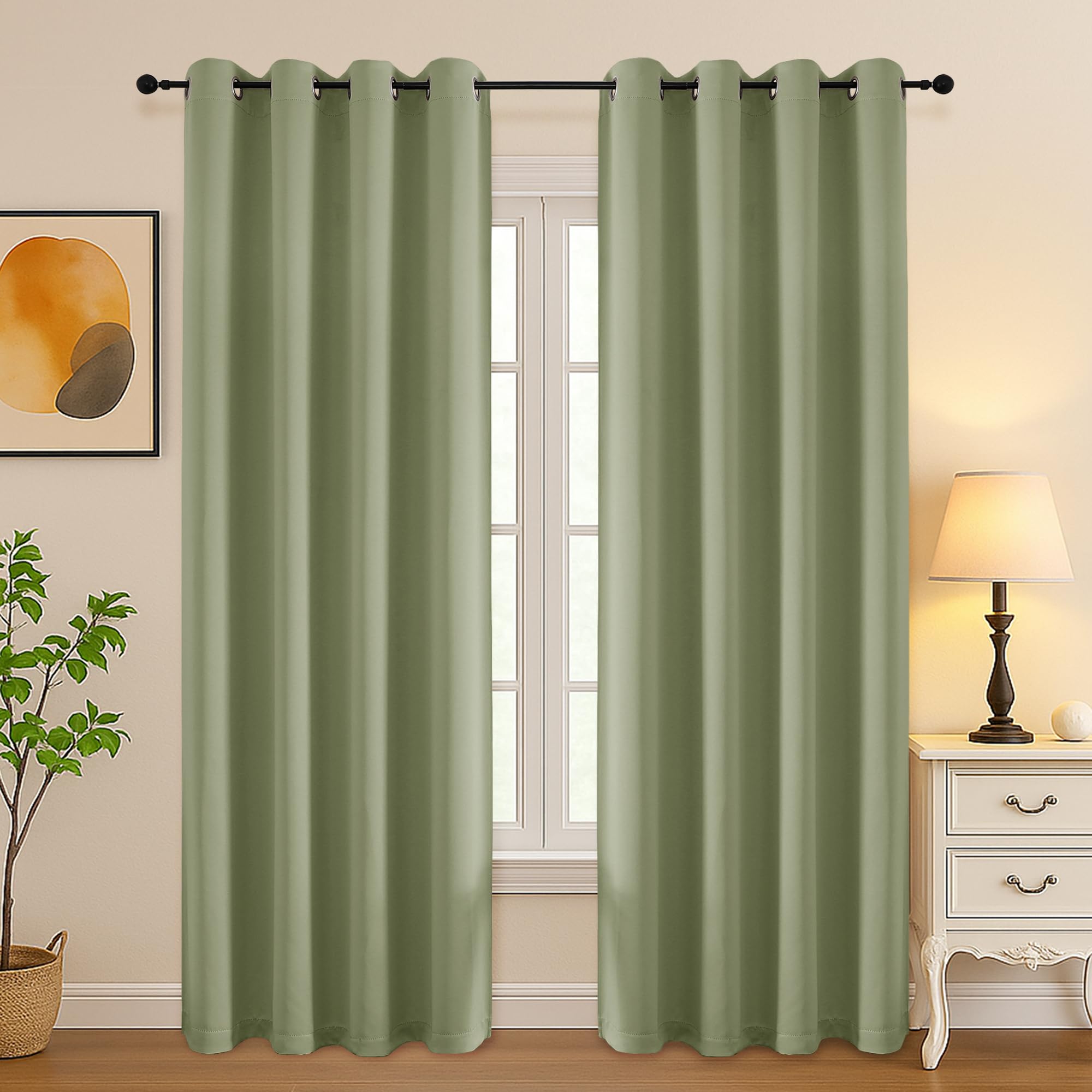 Simplebrand Sage Green Room Darkening Curtains for Bedroom Living Room 84 Inch Length 2 Panels Set, Thermal Insulated Curtains &amp; Drapes, Solid Grommet Noise Reducing Window Treatment, W50 x L84 Inch