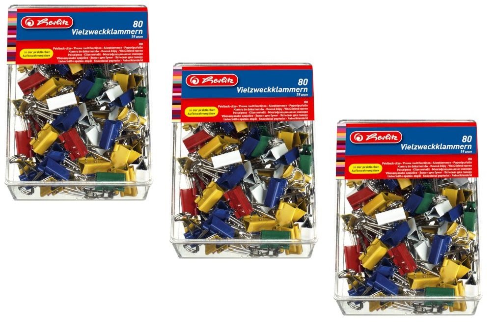 Herlitz 10411148 Vielzweckklammern Box, 19mm, 80 Stück, farbig (Vielzweckklammern 19mm | 3 Boxen)