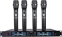 Vista 1 de Sound Town Sistema de micrófono inalámbrico UHF ajustable de 200 canales con receptor de metal, 4 micrófonos de mano y escaneo automático