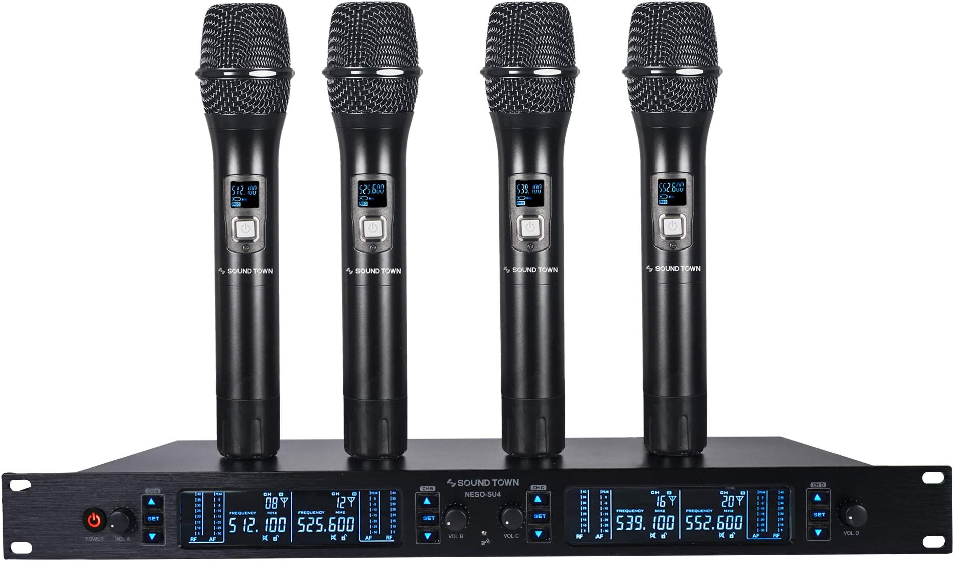 Sound Town 200 Channels Adjustable UHF Wireless Microphone System with Metal Receiver, 4 Handheld Mics and Auto Scan, for Church, School, Outdoor Wedding, Meeting, Party and Karaoke (NESO-SU4HH)