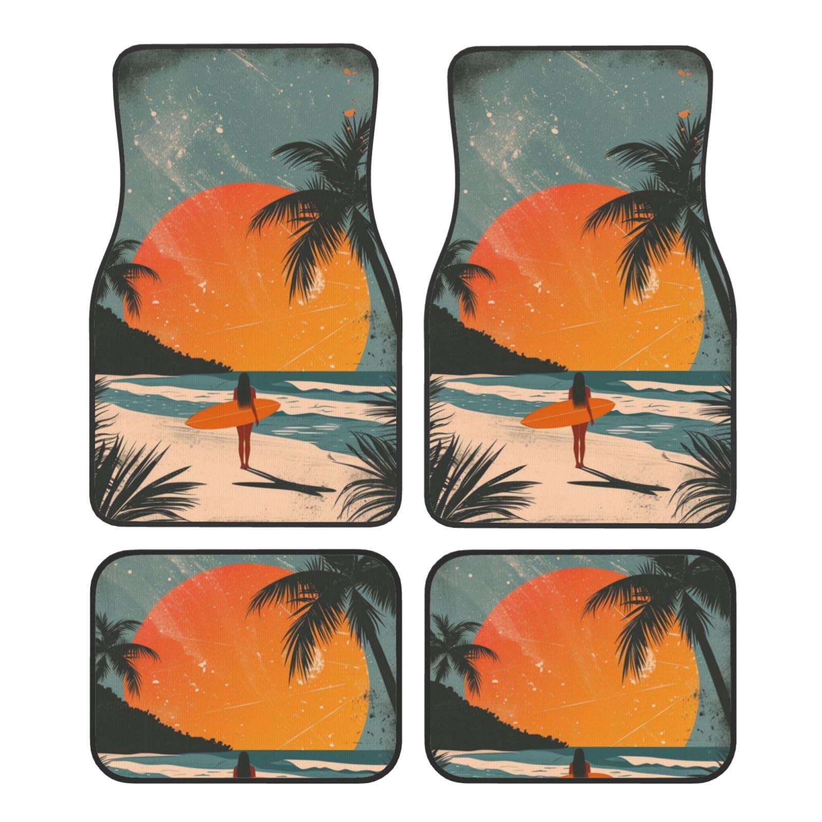 Beautiful Girl Holding Surfboard, Cartoon Car Floor Mats,4 Piece,Minimalist Car Rug Durable Anti-Slip Waterproof Trim to Fit Liner Universal Fit Auto,