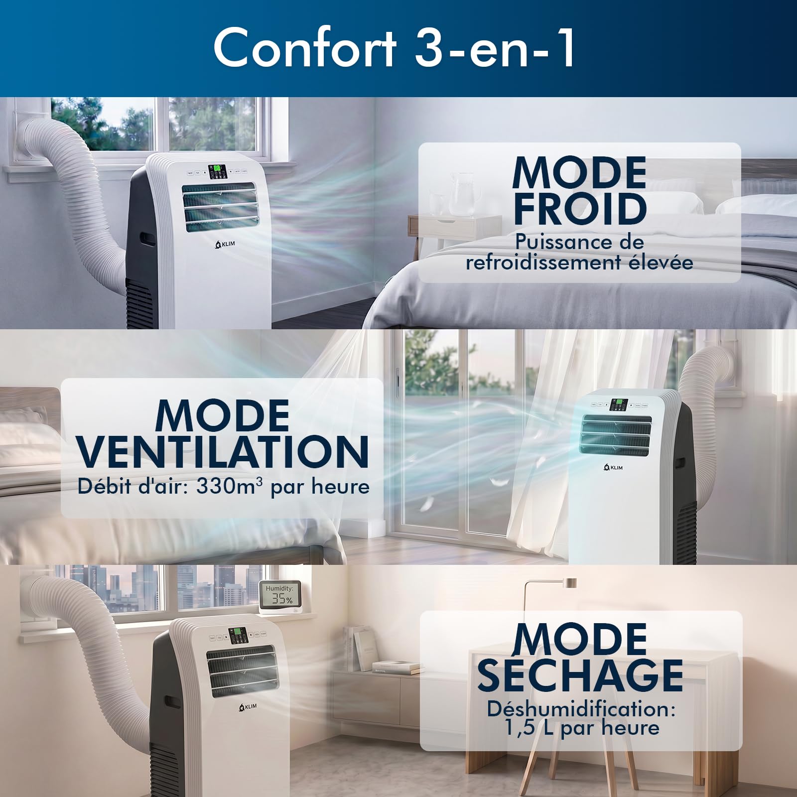 KLIM AC12000 - Climatiseur Mobile 12 000 BTU Puissant & Silencieux - Nouveauté - Déshumidificateur - Ventilateur et Climatisation - Clim Mobile avec Télécommande