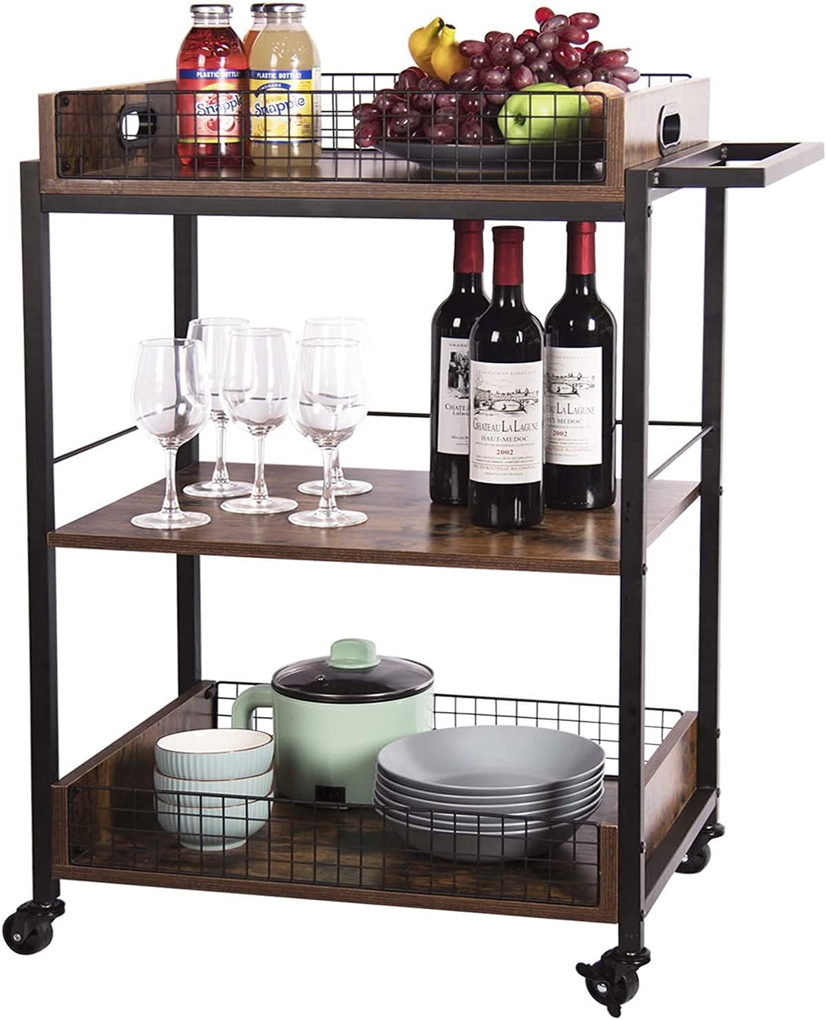 45139 Bar Serving Cart,Mobile Wine Cart on Wheels, Kitchen Carts for Home,Industrial Vintage Style Wood Metal Serving Trolley, with Removable Top Tray,Brown-image-28