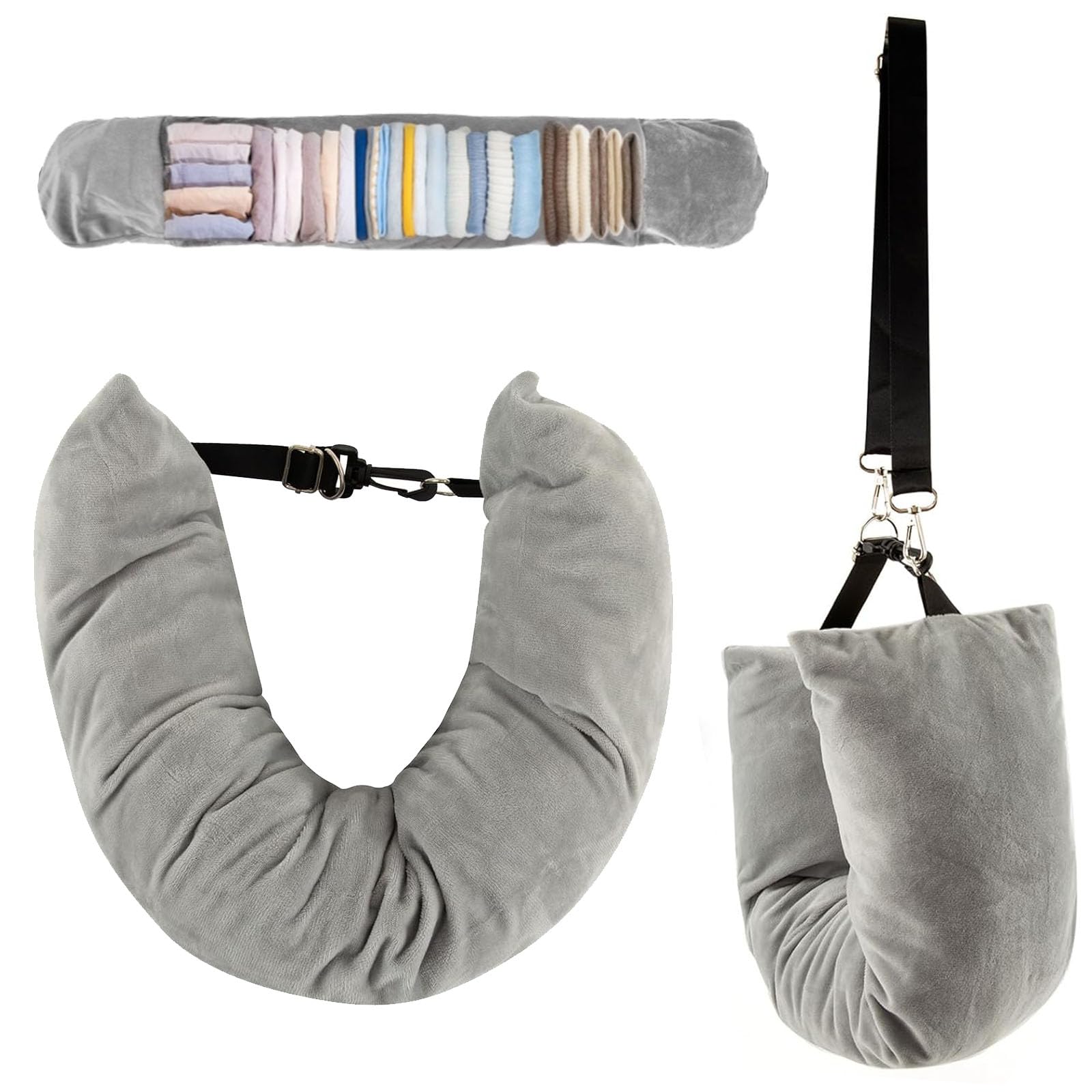 KDJXZ Stuffable Neck Pillow for Travel，Neck Pillow Stuffable with Clothes, Travel neck pillows With Adjustable Straps, Soft Neck Pillow Fillable Go Travel for Essentials Extra Luggage (1, Grey)