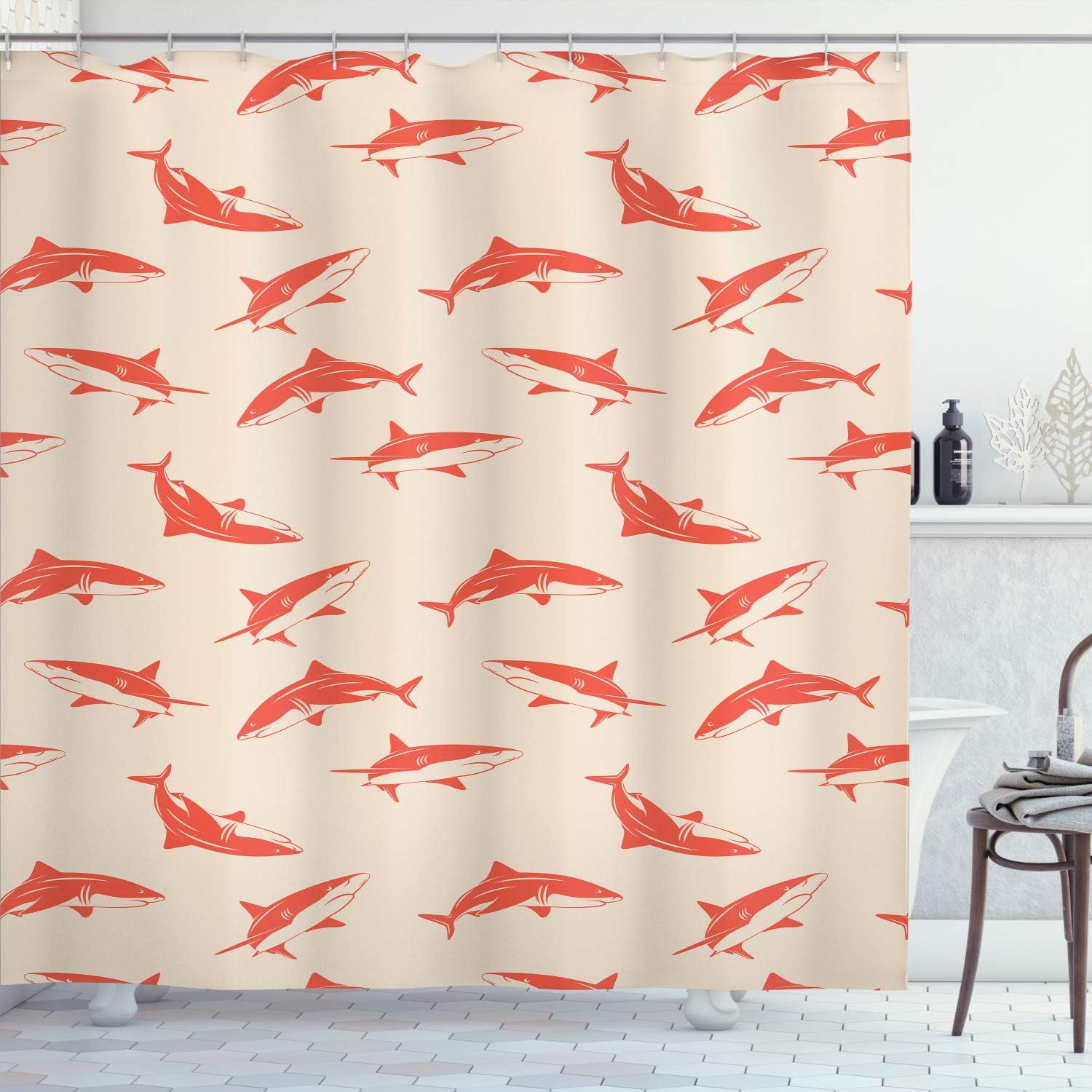 Ambesonne Sea Animals Shower Curtain, Repeated Cartoon Sharks Swimming to Different Directions Pattern, Cloth Fabric Bathroom Decor Set with Hooks, 75" Long, Pale Peach