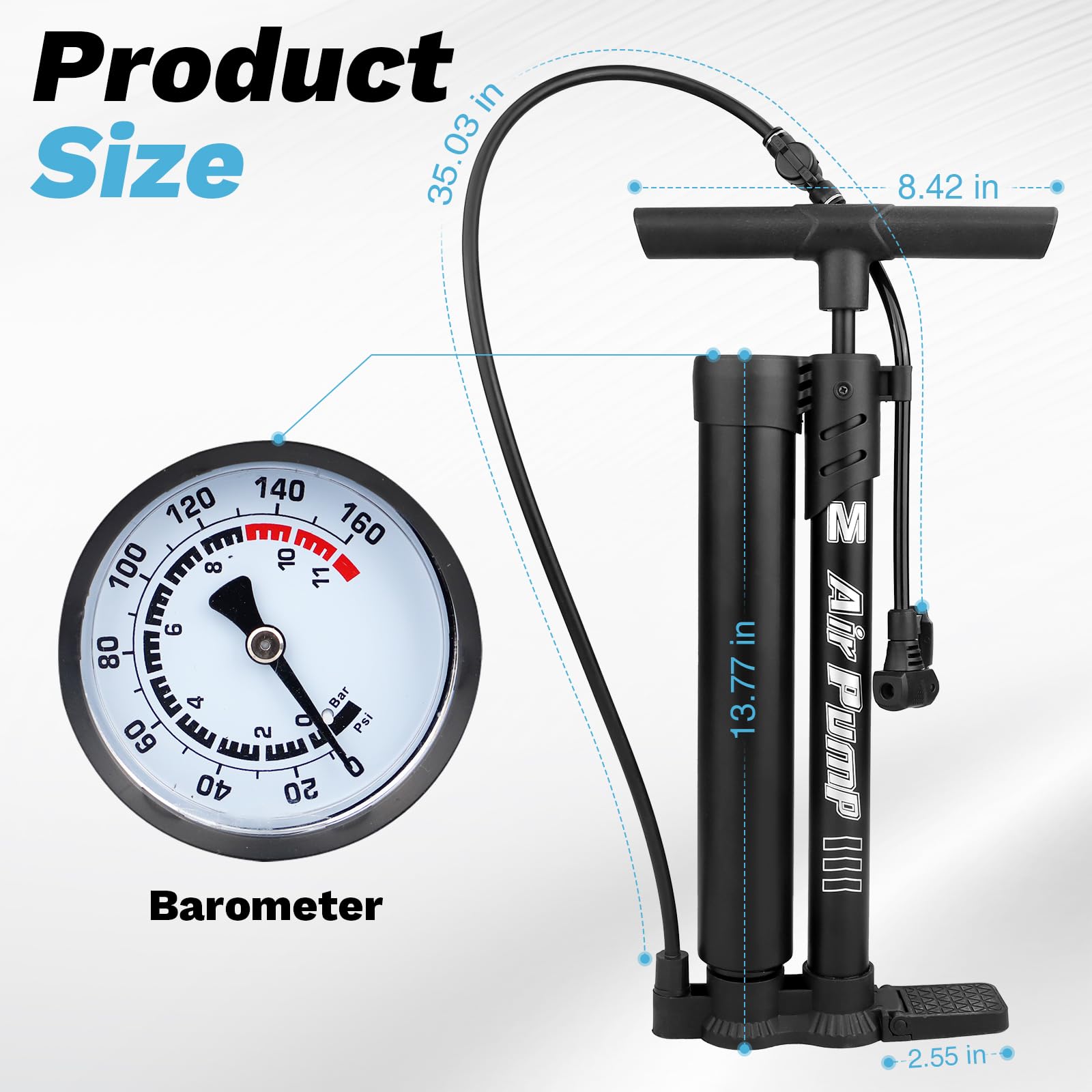 Pompe à pied professionnelle pour vélo avec jauge | Valve Presta et Schrader | pour pneus standard et sans chambre à air | Haute pression 160 PSI | Corps en acier à haute teneur en carbone et