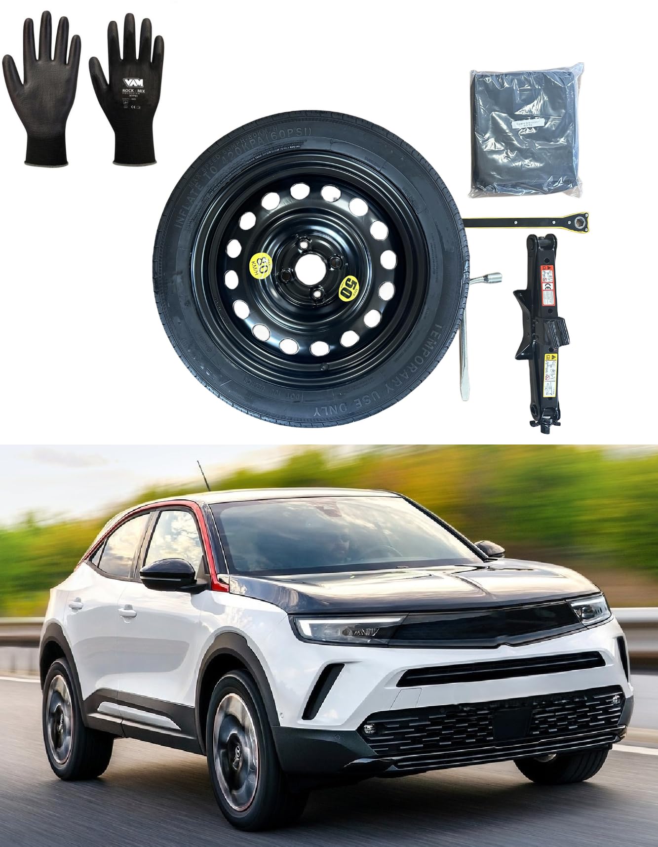 Kit Ruotino di Scorta 17" compatibile con Opel Mokka (2021>) con Cric, Chiave, Guanti e Sacca