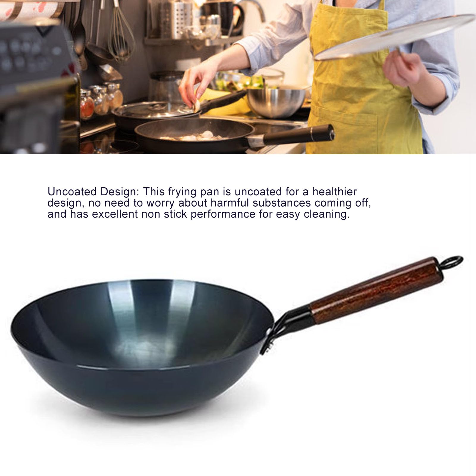 SIXRUN Padella Wok in Ferro, Wok Antiaderente con Manico Singolo con Fondo Tondo Cinese Tradizionale in Ferro Raffinato per Ampia Applicazione per Ristoranti Domestici (38 cm)