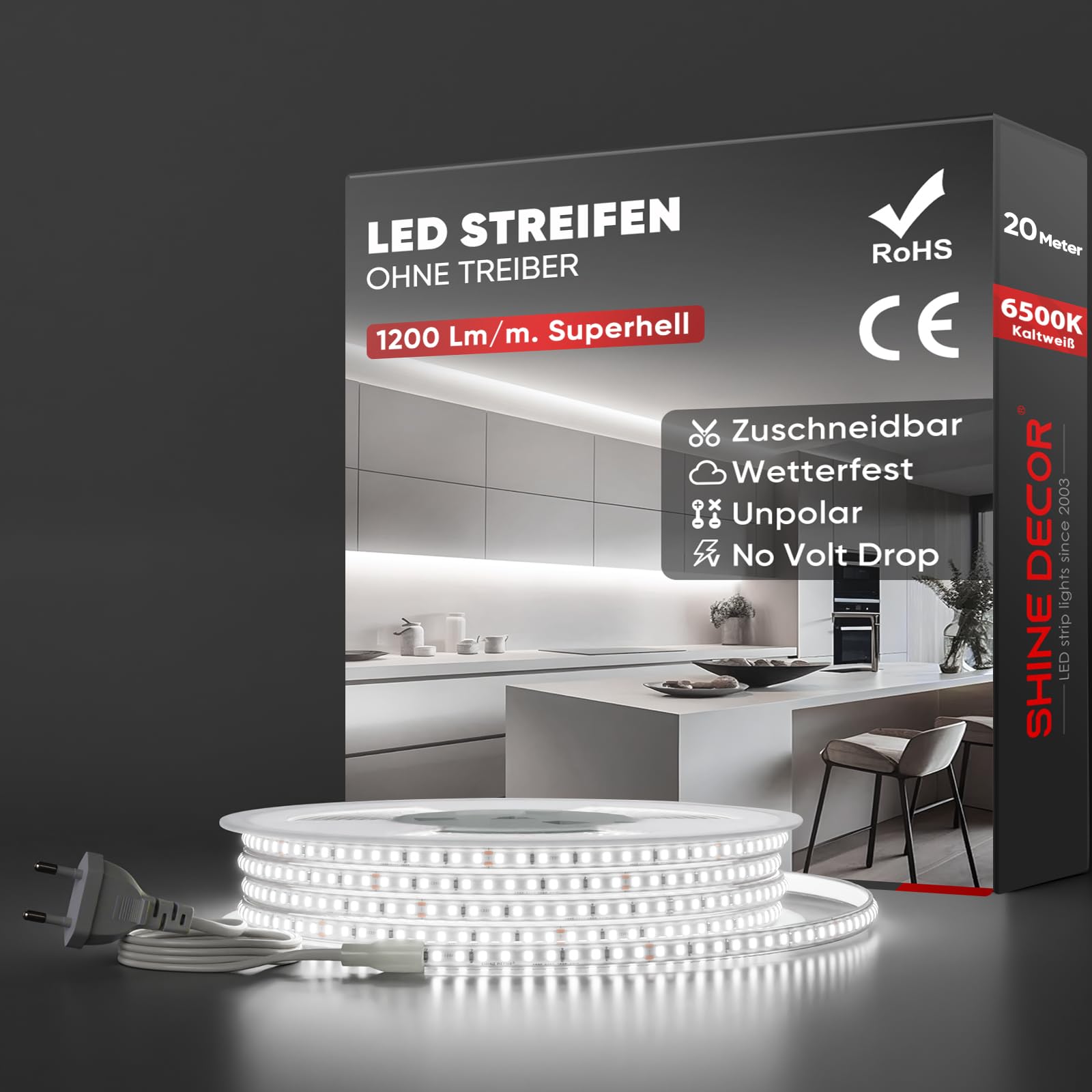 Shine Decor LED Streifen, AC 220V 230V IP65 Wasserdicht LED Band, SMD 2835 120 leds/m Ultrahohe Helligkeit Lichtleiste für Home Decoration Küche Garten LED Beleuchtung