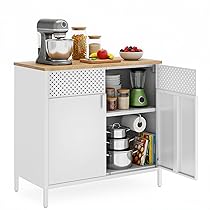 SONGMICS Mobiletto Contenitore, Credenza in Metallo, Doppia Anta con Chiusura Magnetica, Ripiani Regolabili, Struttura in Acciaio, 40 x 80 x 76 cm, Beige Naturale e Bianco Nuvola LSC102W57