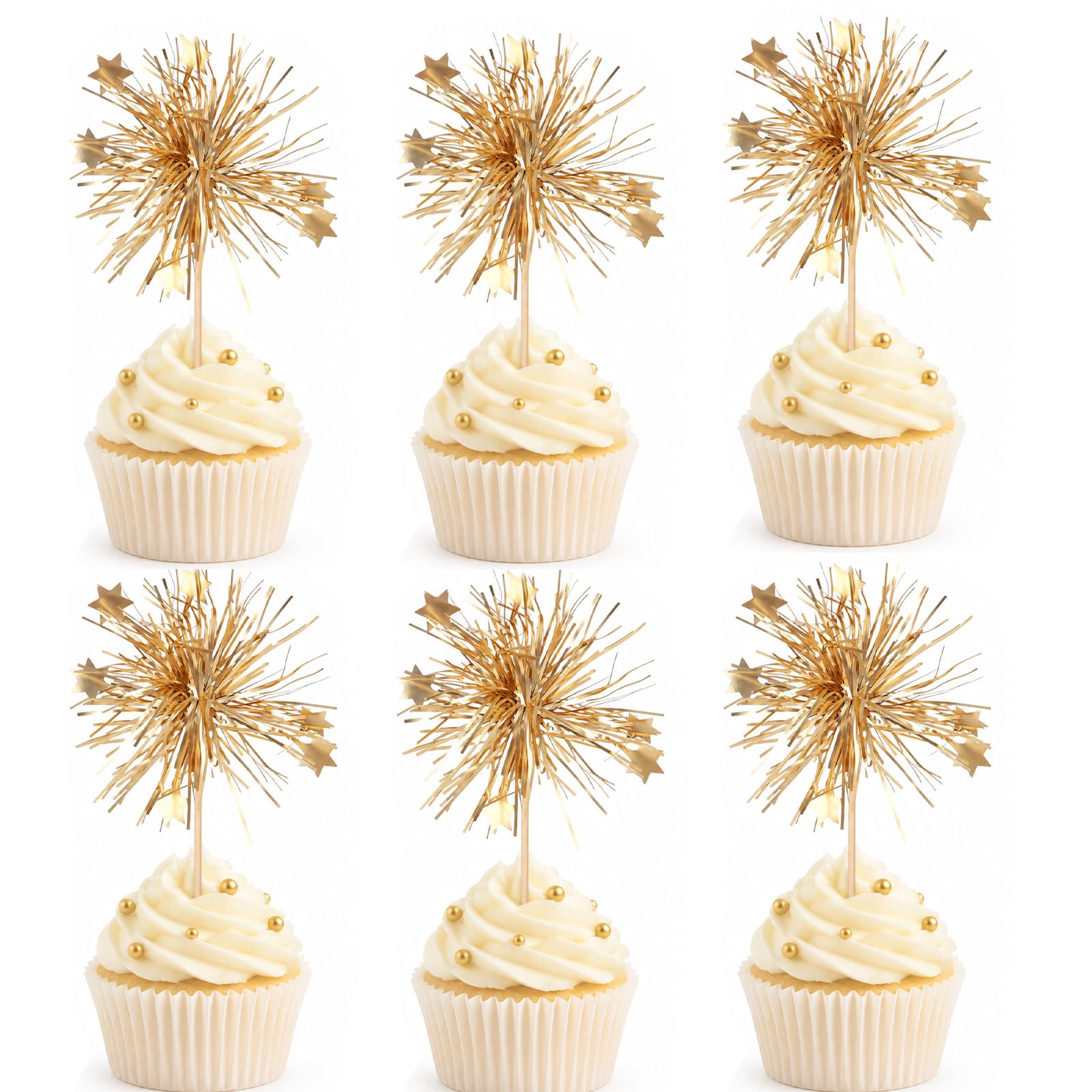 ALLAVA 40 Pcs Gold Firework Cupcake Toppers Birthday Cake Decorations