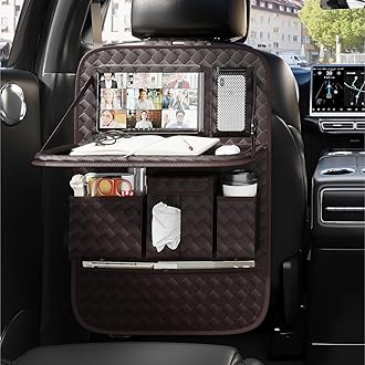 GMQ Back Seat Car Organizer 1 Pack,Backseat Organizer with Tray,Multifunctional Car Seat Back Storage Box with Foldable Tablet Holder (Coffee, Weave)