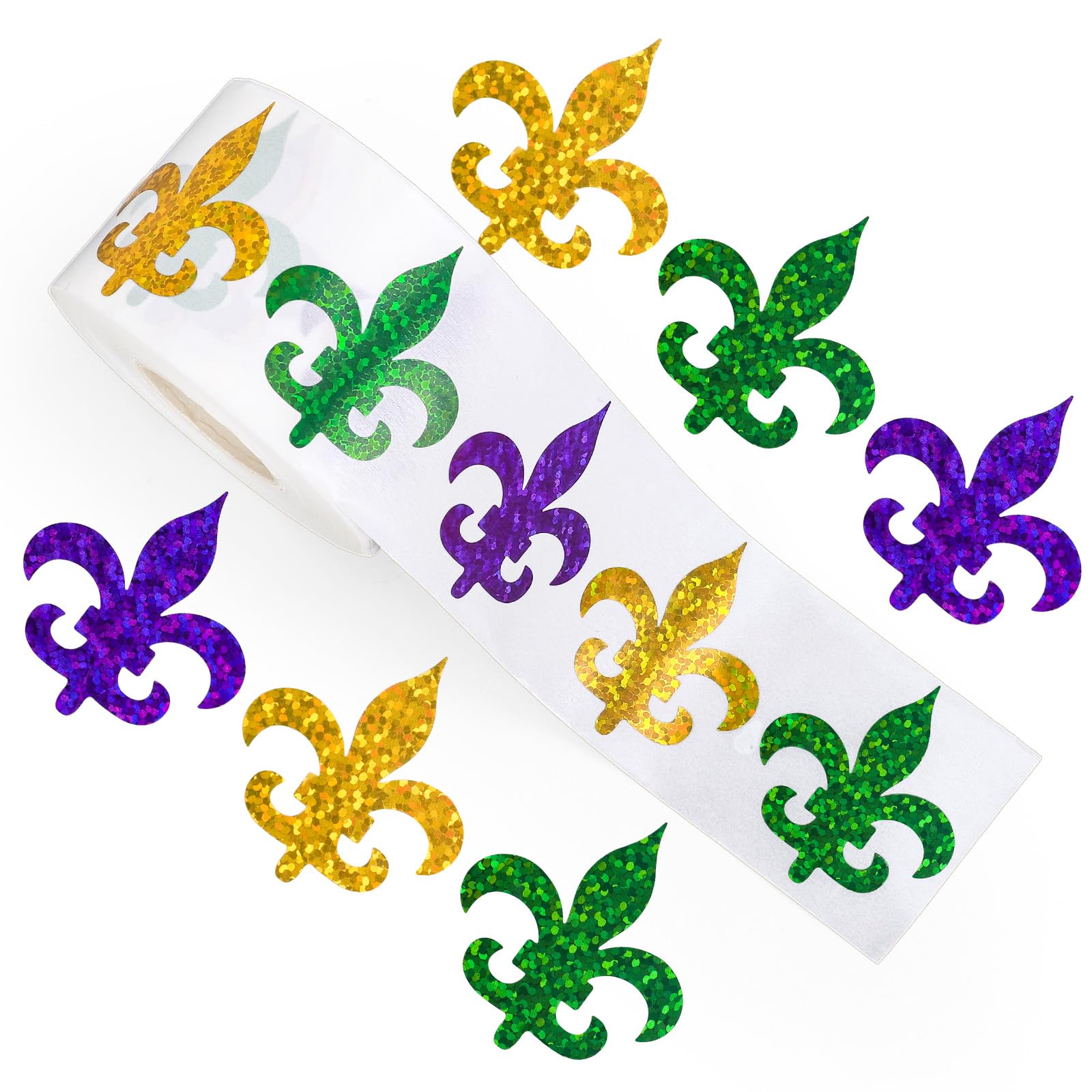 Stickers fleur de lys laser violets, jaunes et verts en rouleau de 500 pièces pour décoration